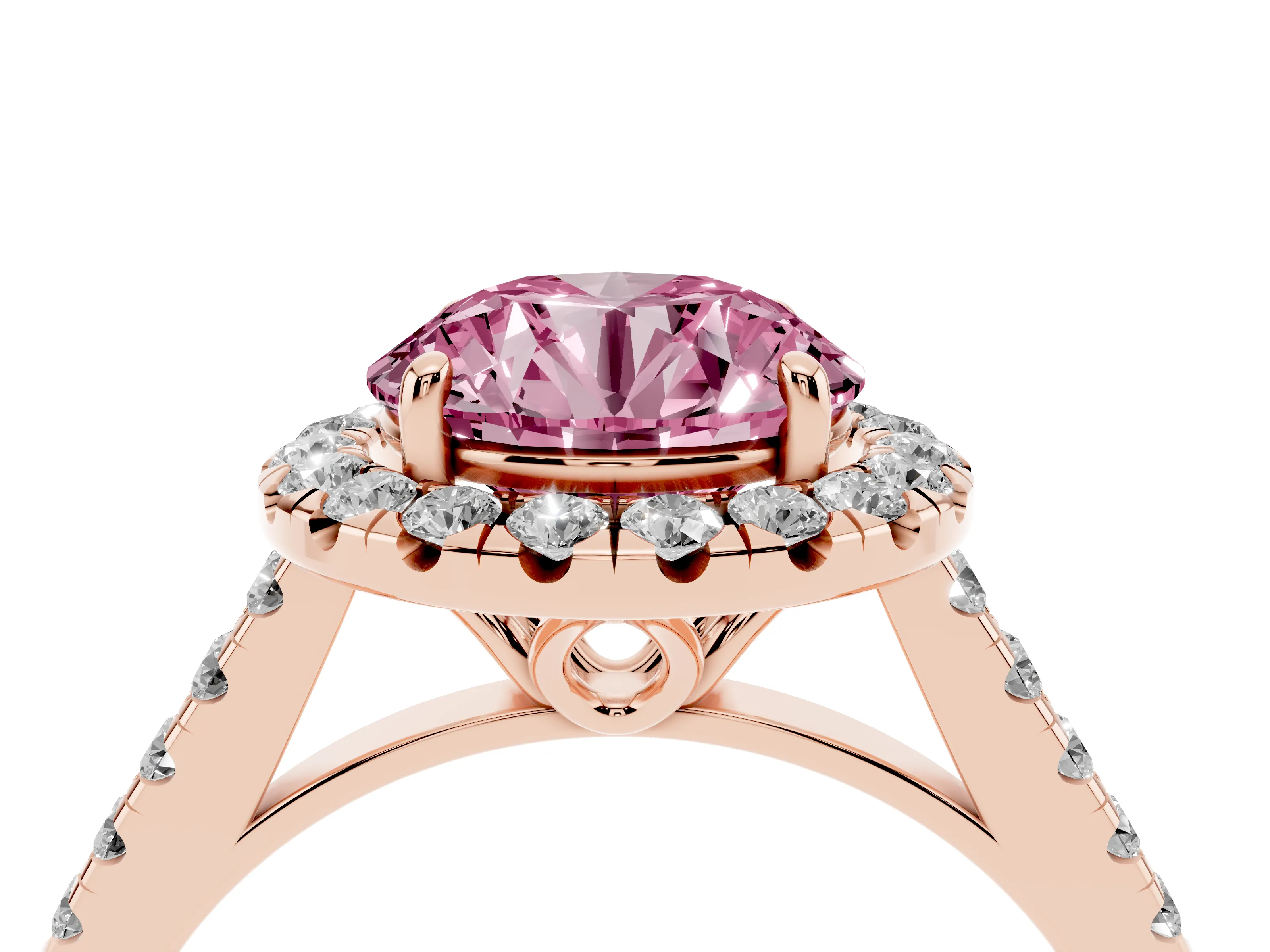 Fancy Pink Round Cut Diamond Pavé Halo Engagement Ring Set in Rose gold with Pavé Band and Prong Setting