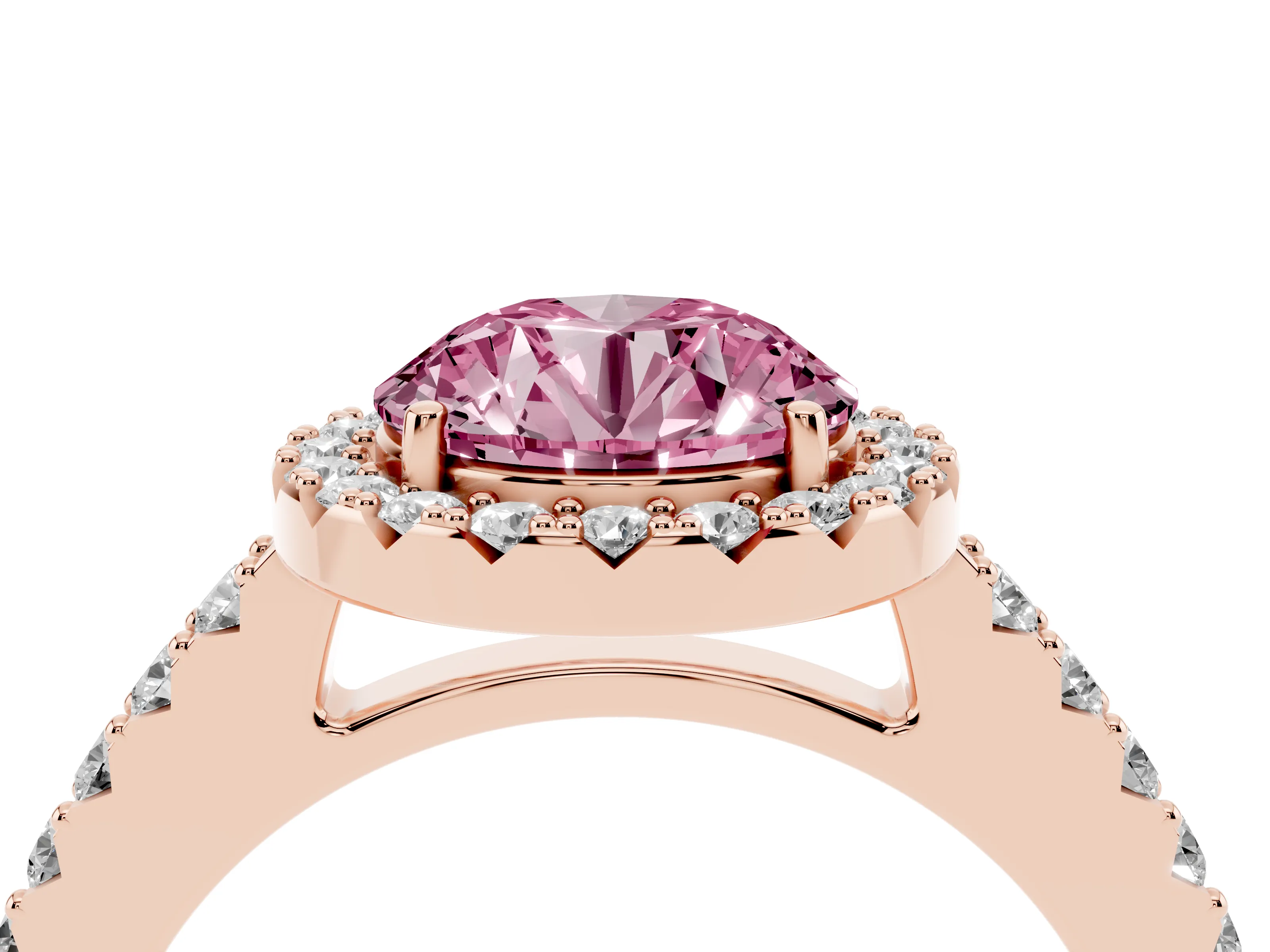 Fancy Pink Round Cut Diamond Halo Pavé Solitaire Ring Set in Rose gold with Prong-Set Center Stone