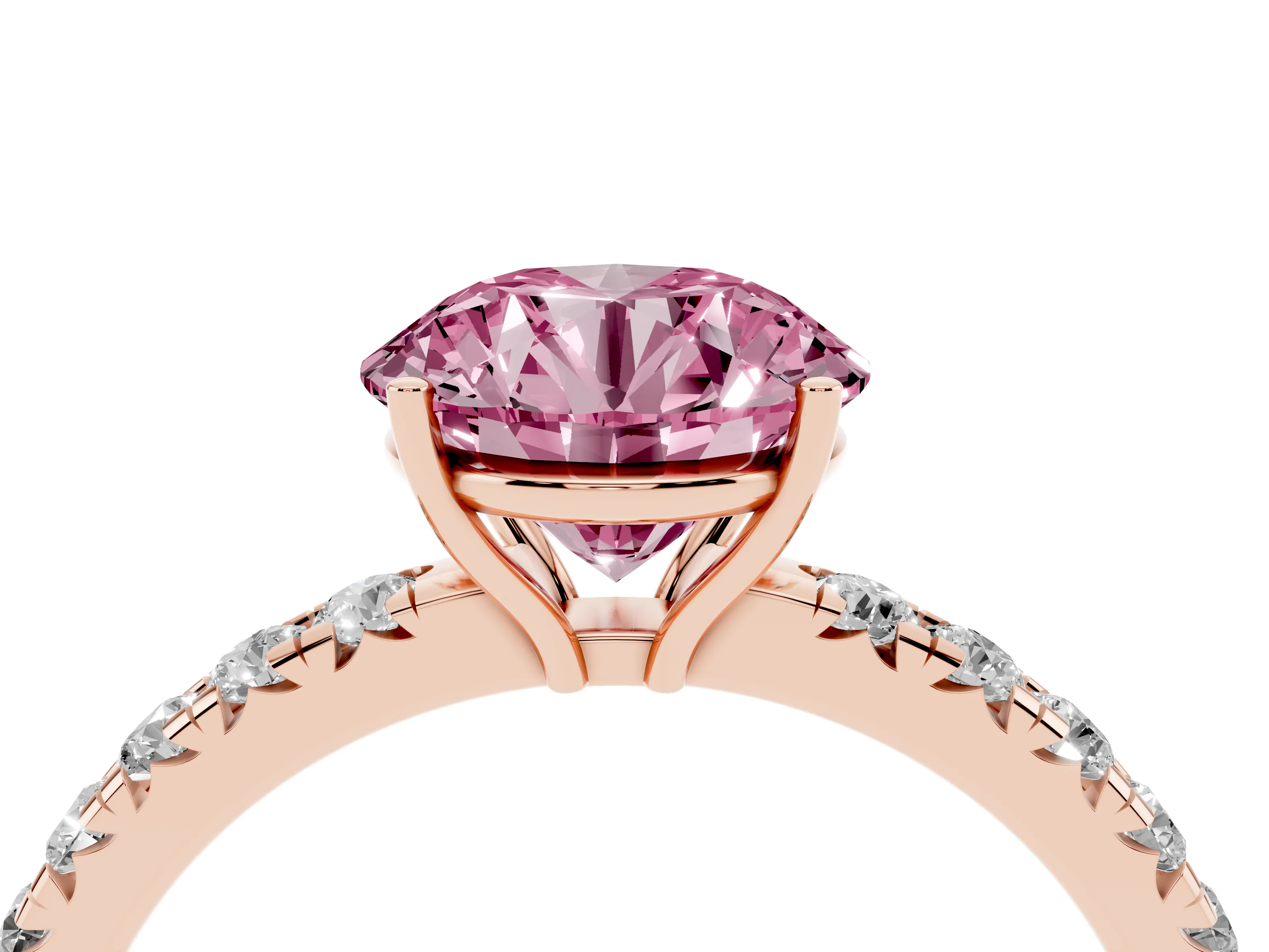 Fancy Pink Round Cut Diamond Pavé Solitaire Engagement Ring Set in Rose gold with Prong Setting