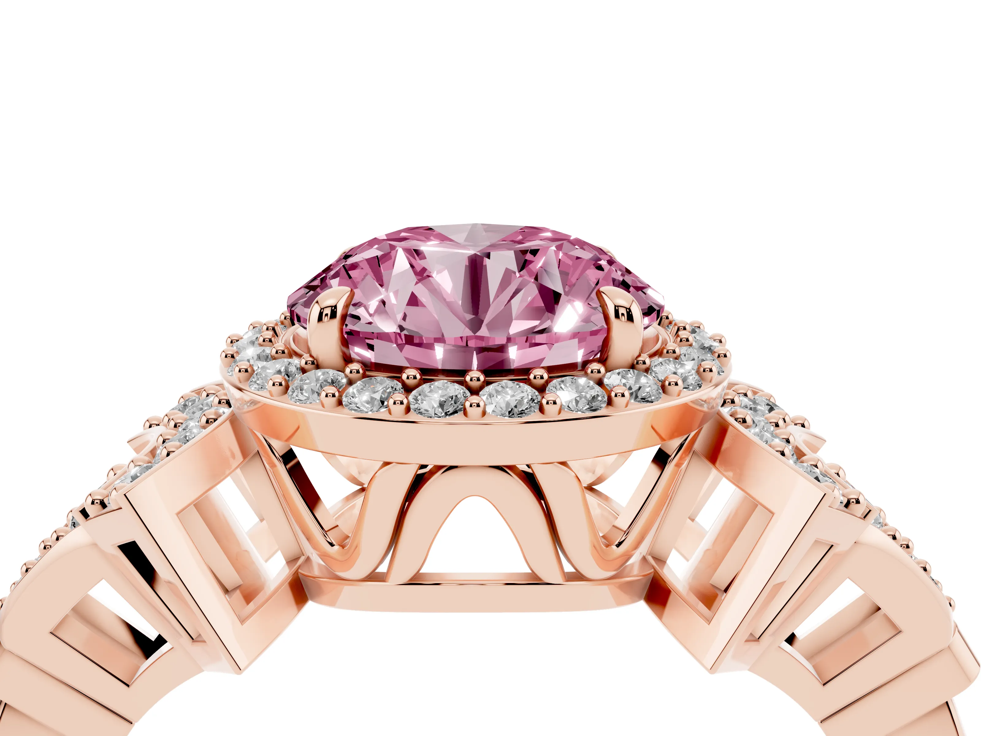 Fancy Pink Round Cut Diamond Halo Engagement Ring Set in Rose gold with Accent Stone Split Shank