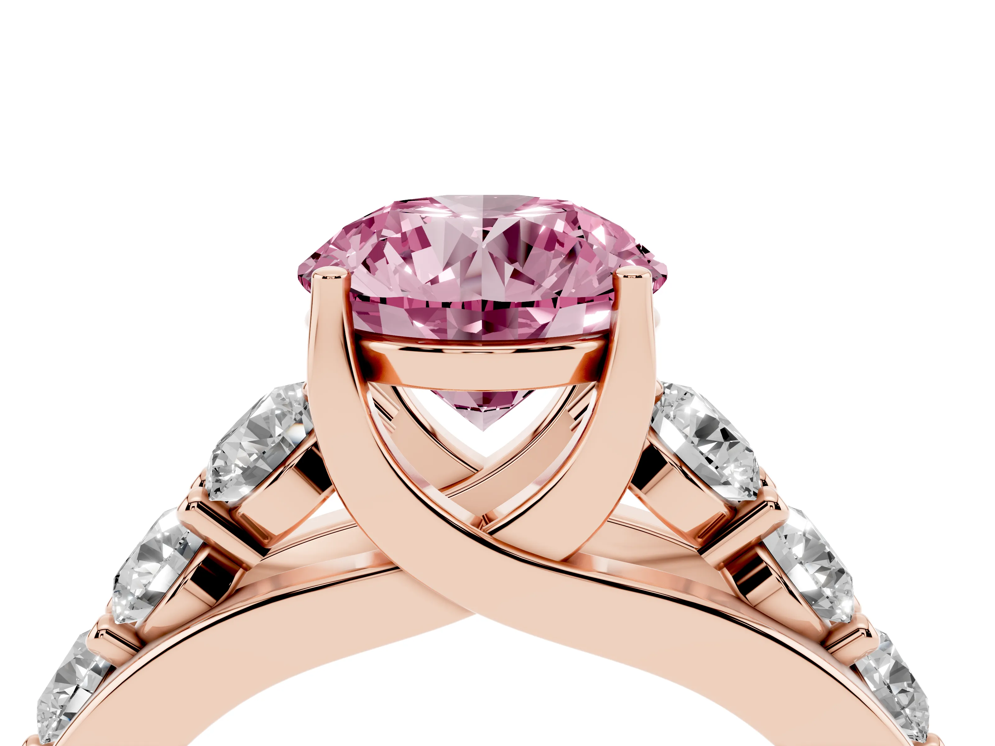 Fancy Pink Round Cut Diamond Pavé Engagement Ring Set in Rose gold with Prong Setting