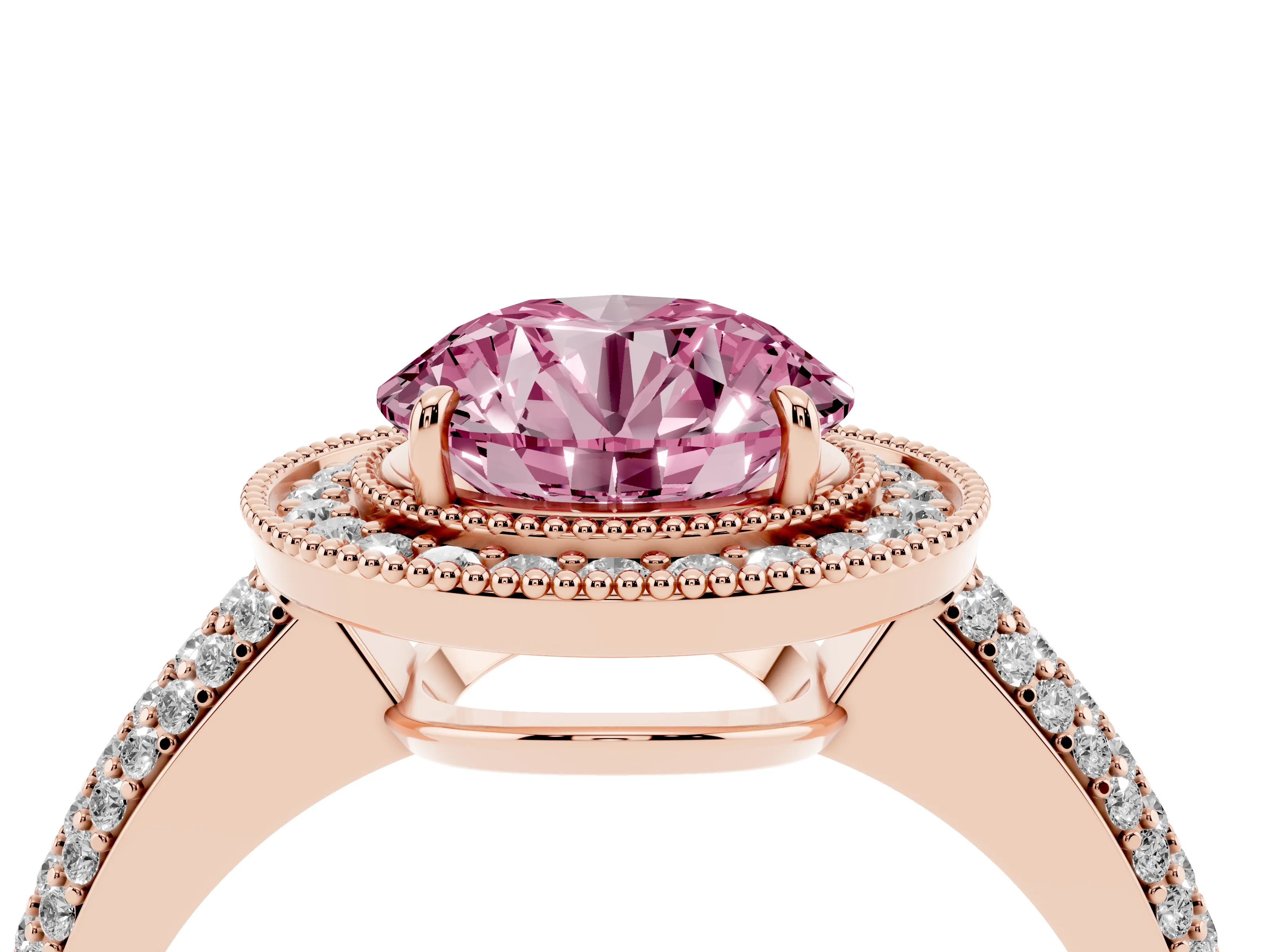 Fancy Pink Round Cut Diamond Halo Pavé Band Set in Rose gold with Prong Setting