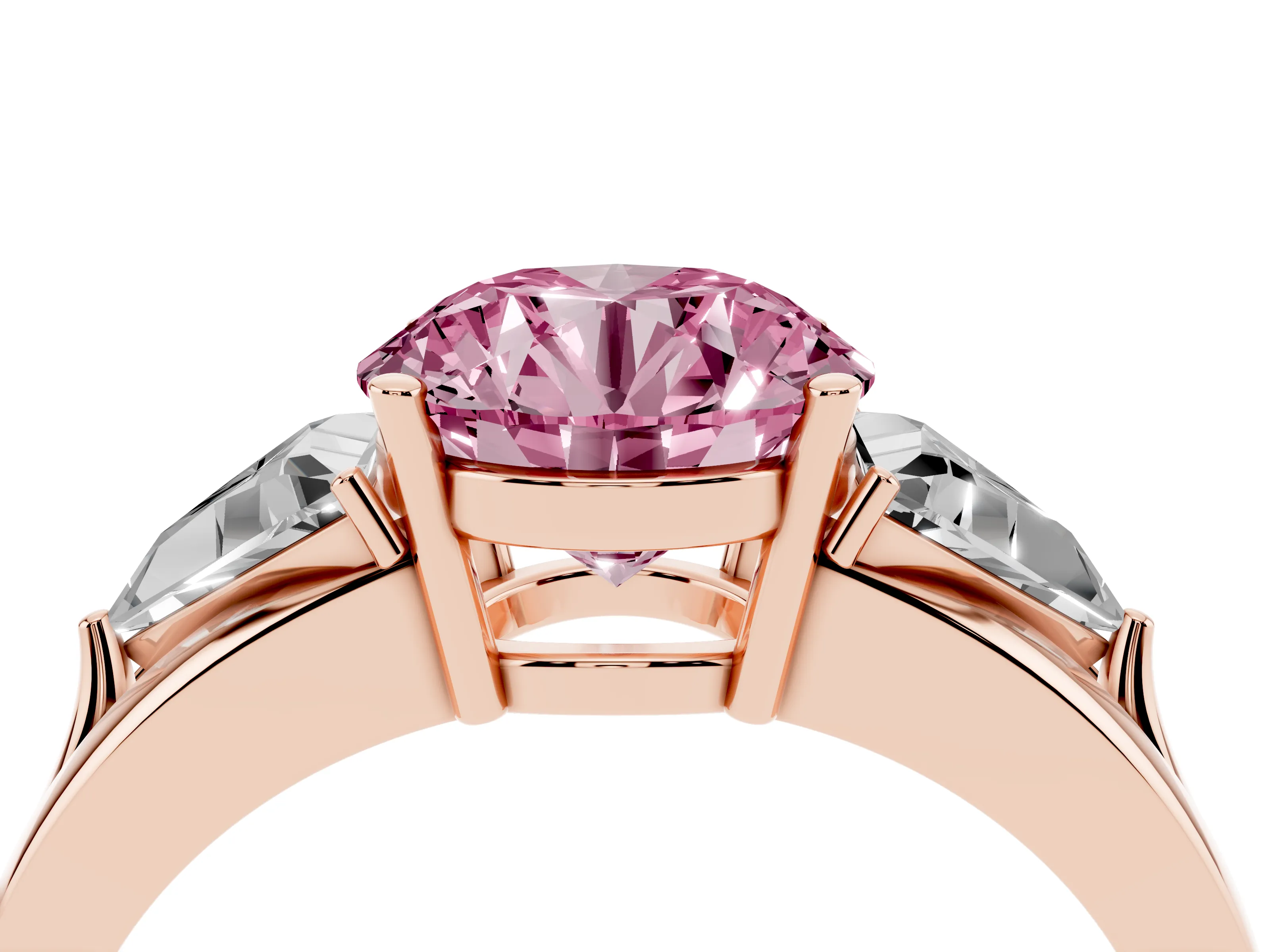 Fancy Pink Round Cut Diamond Three-Stone Ring Set in Rose gold with Trillion Side Stones and Split Shank
