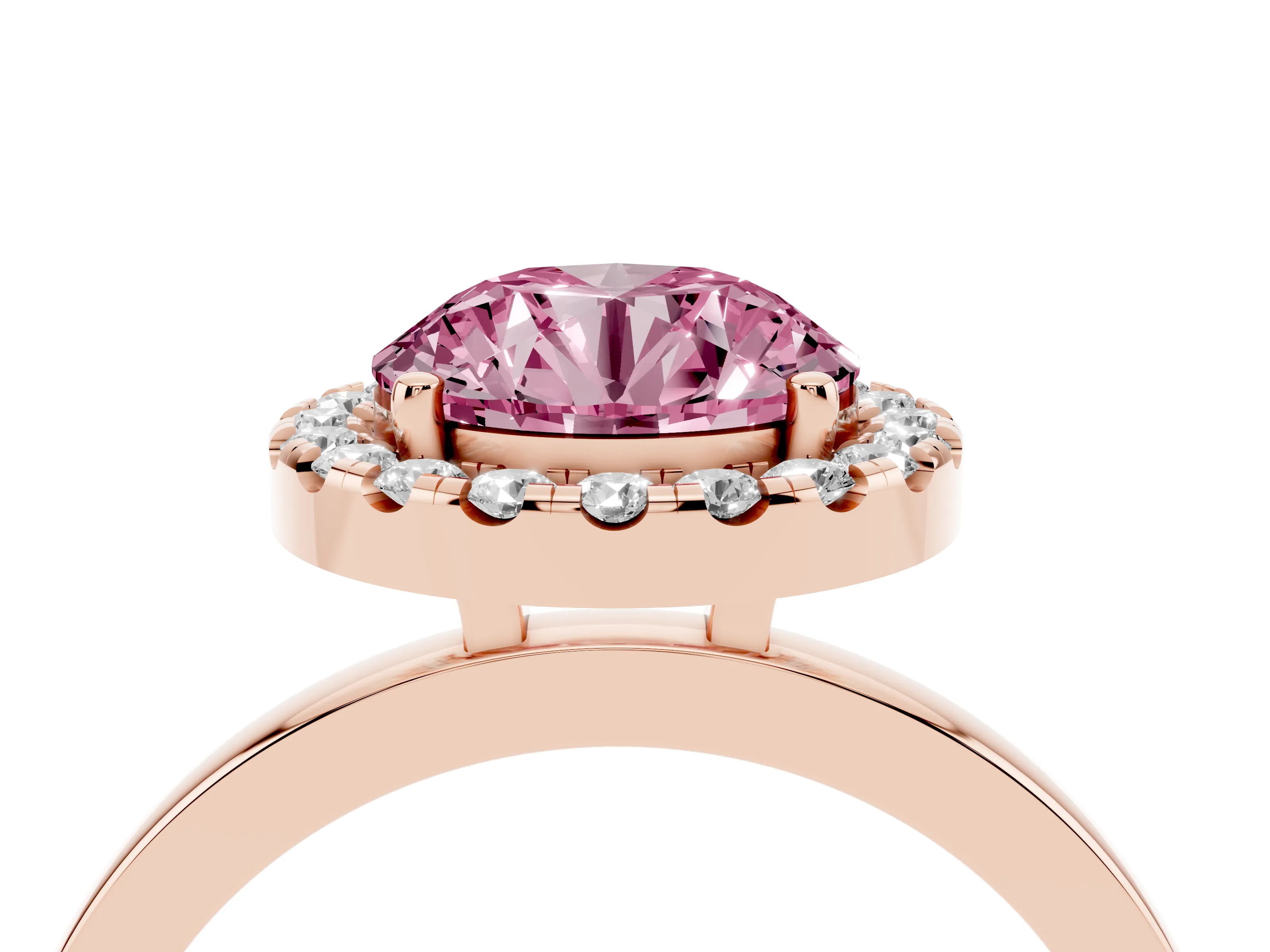 Fancy Pink Round Cut Diamond Halo Solitaire Ring Set in Rose gold with Pavé Band and Prong Setting