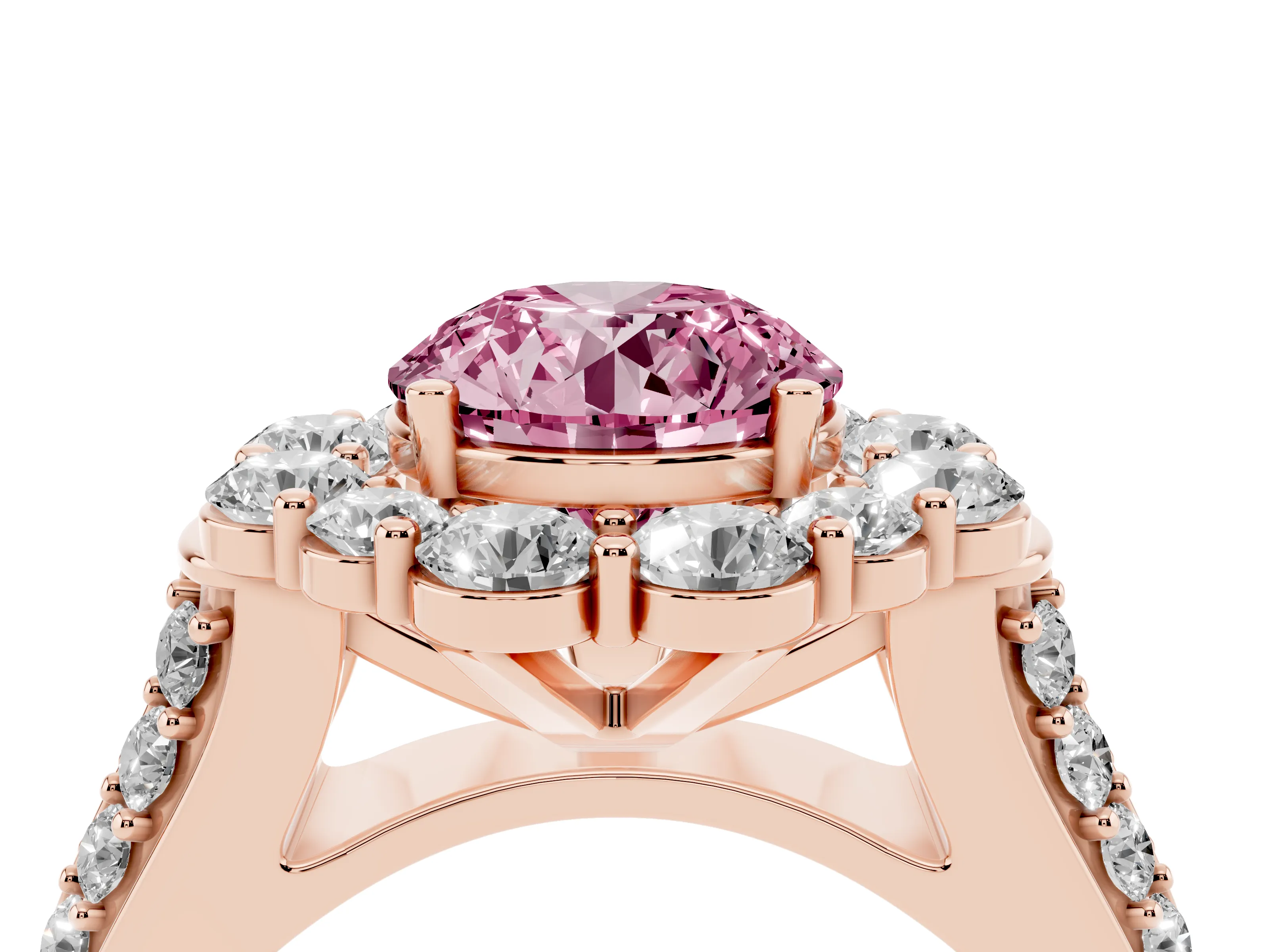 Fancy Pink Round Cut Diamond Halo Engagement Ring Set in Rose gold with Split Shank and Prong Setting