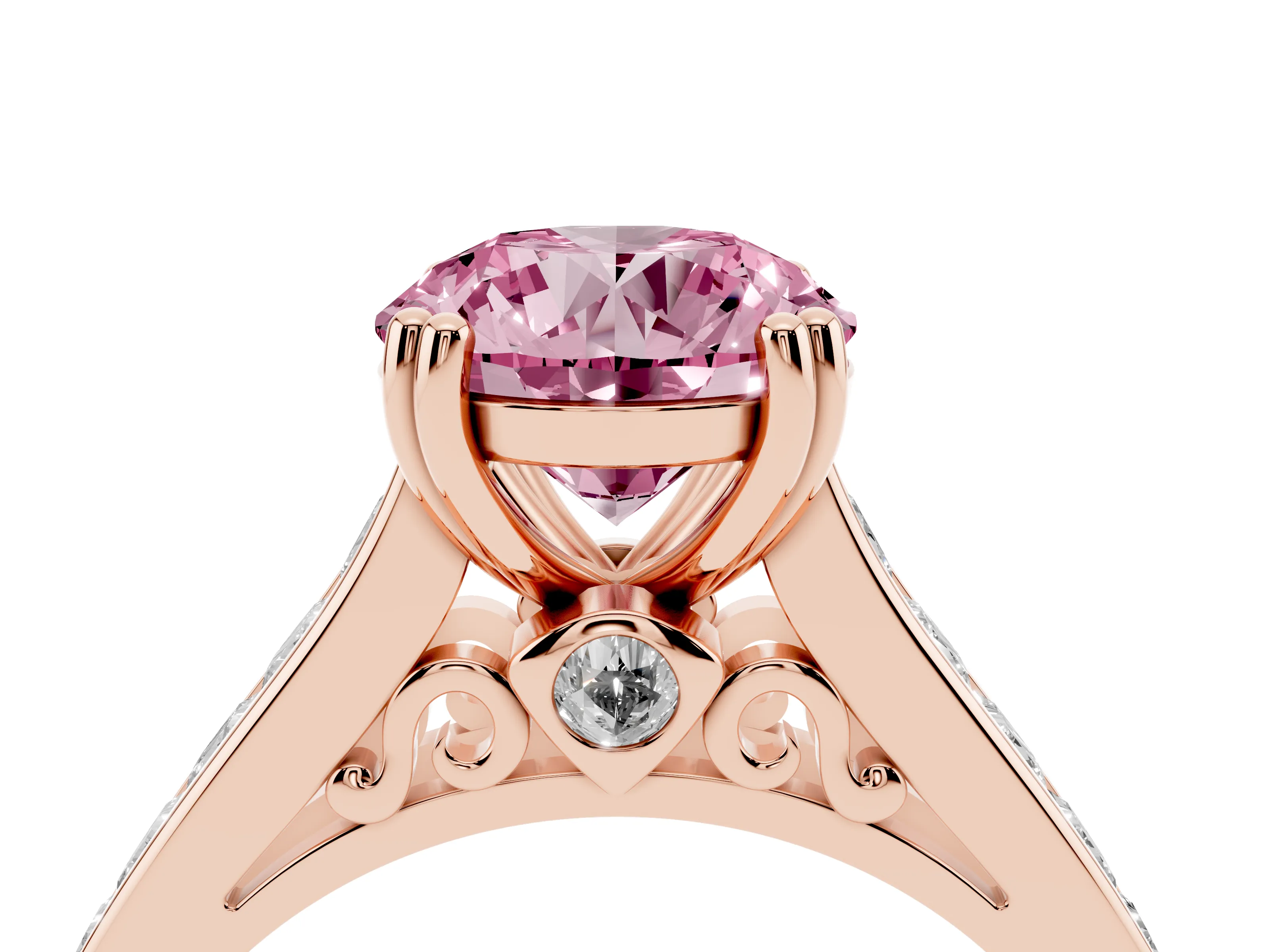 Fancy Pink Round Cut Diamond Channel Set Solitaire Engagement Ring Set in Rose gold with Prong Setting