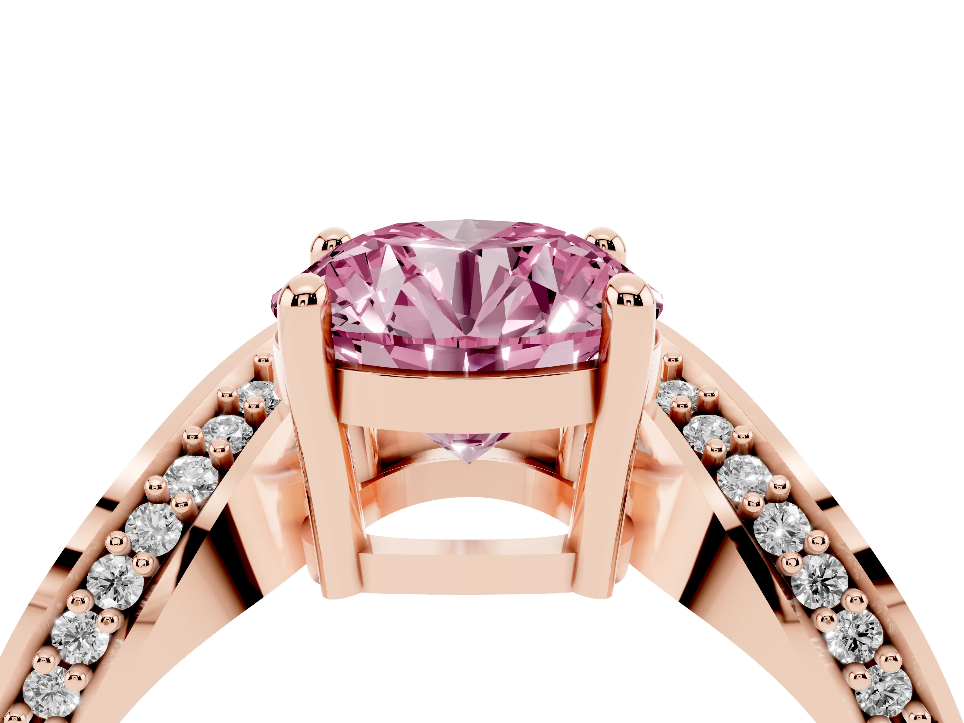 Fancy Pink Round Cut Diamond Solitaire Engagement Ring Set in Rose gold with Pavé Shoulders
