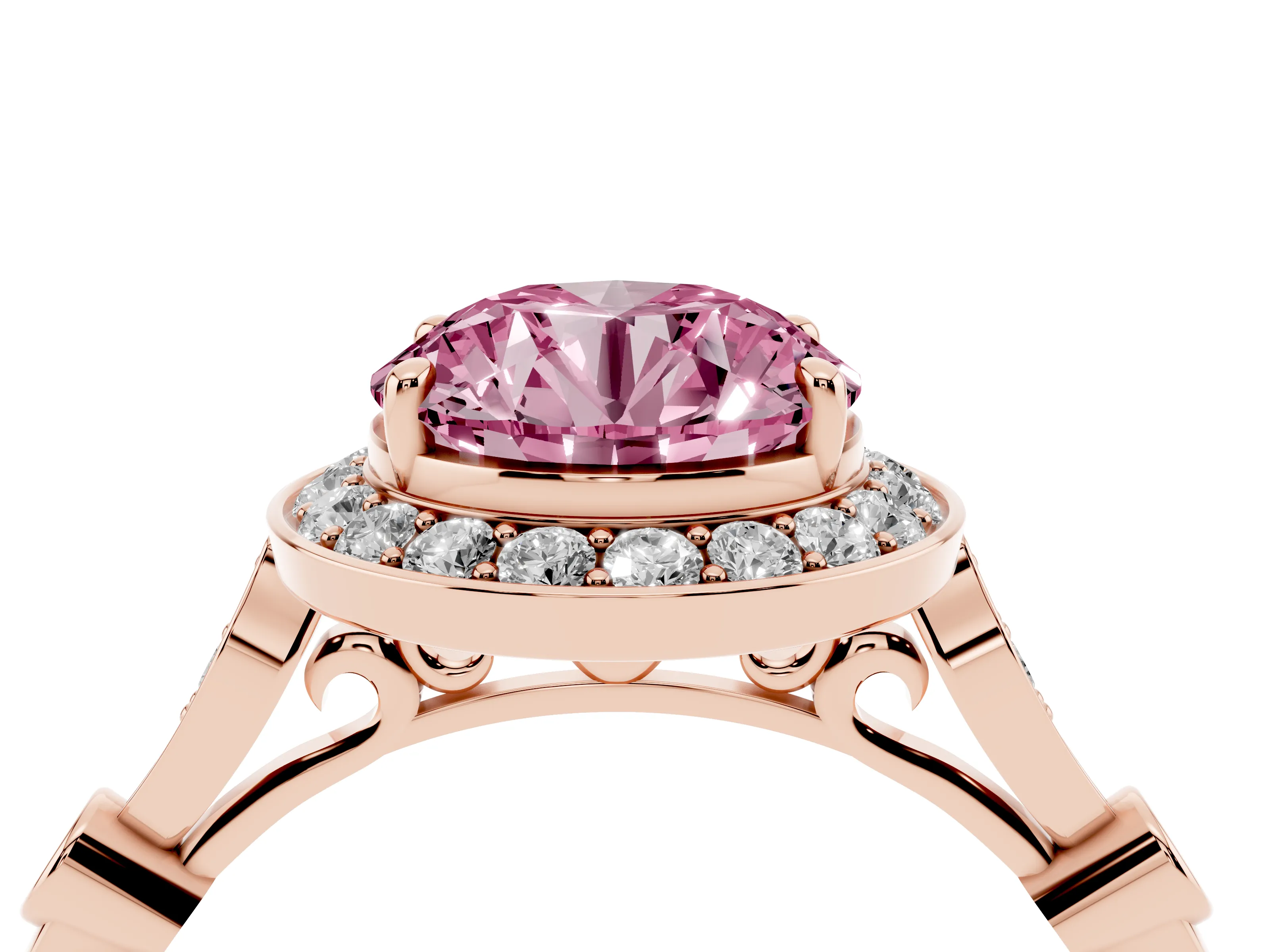 Fancy Pink Round Cut Diamond Halo Engagement Ring Set in Rose gold with Twisted Band and Prong Setting