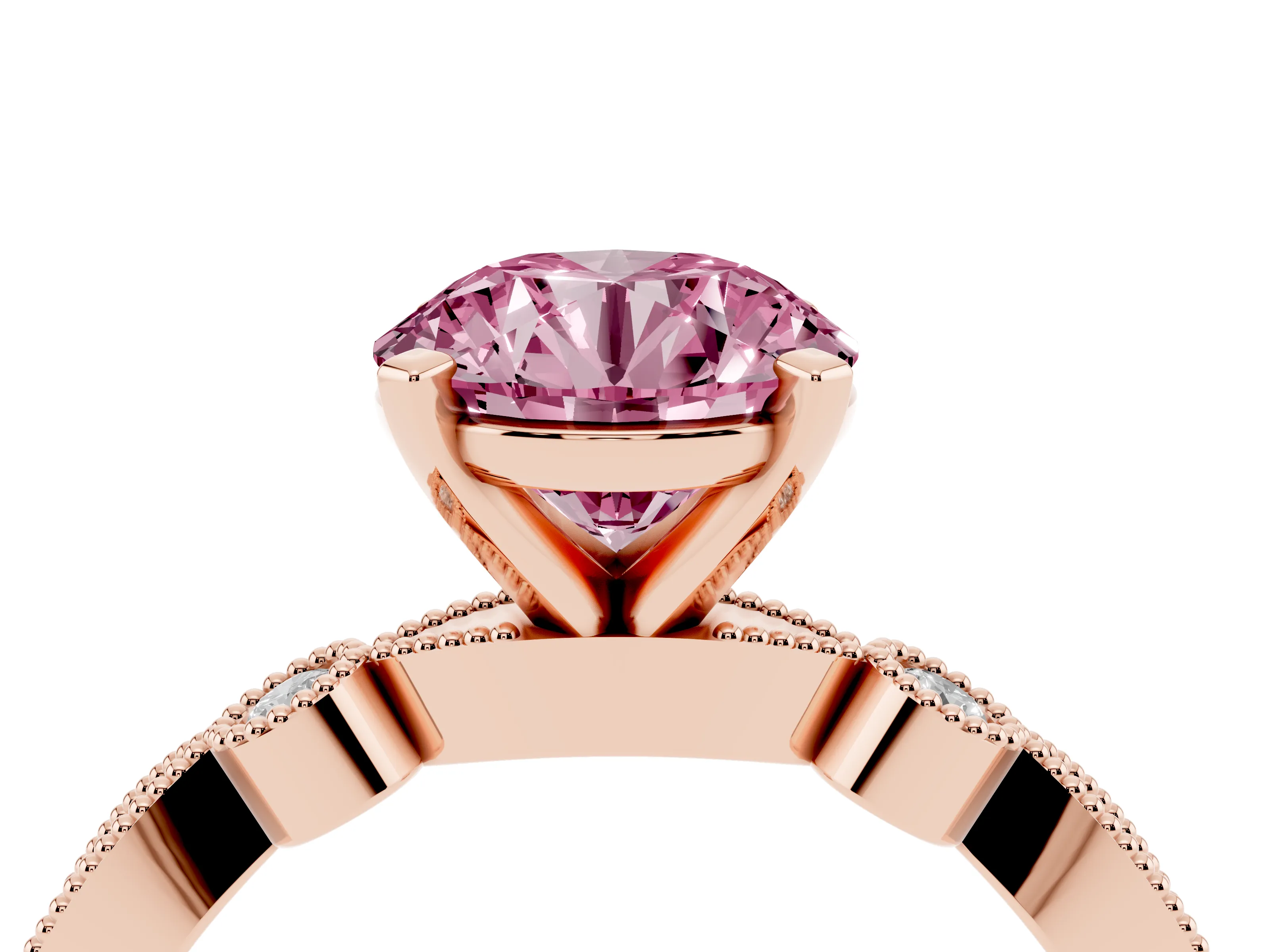 Fancy Pink Round Cut Diamond Solitaire Engagement Ring Set in Rose gold with Milgrain Bezel Accent Band