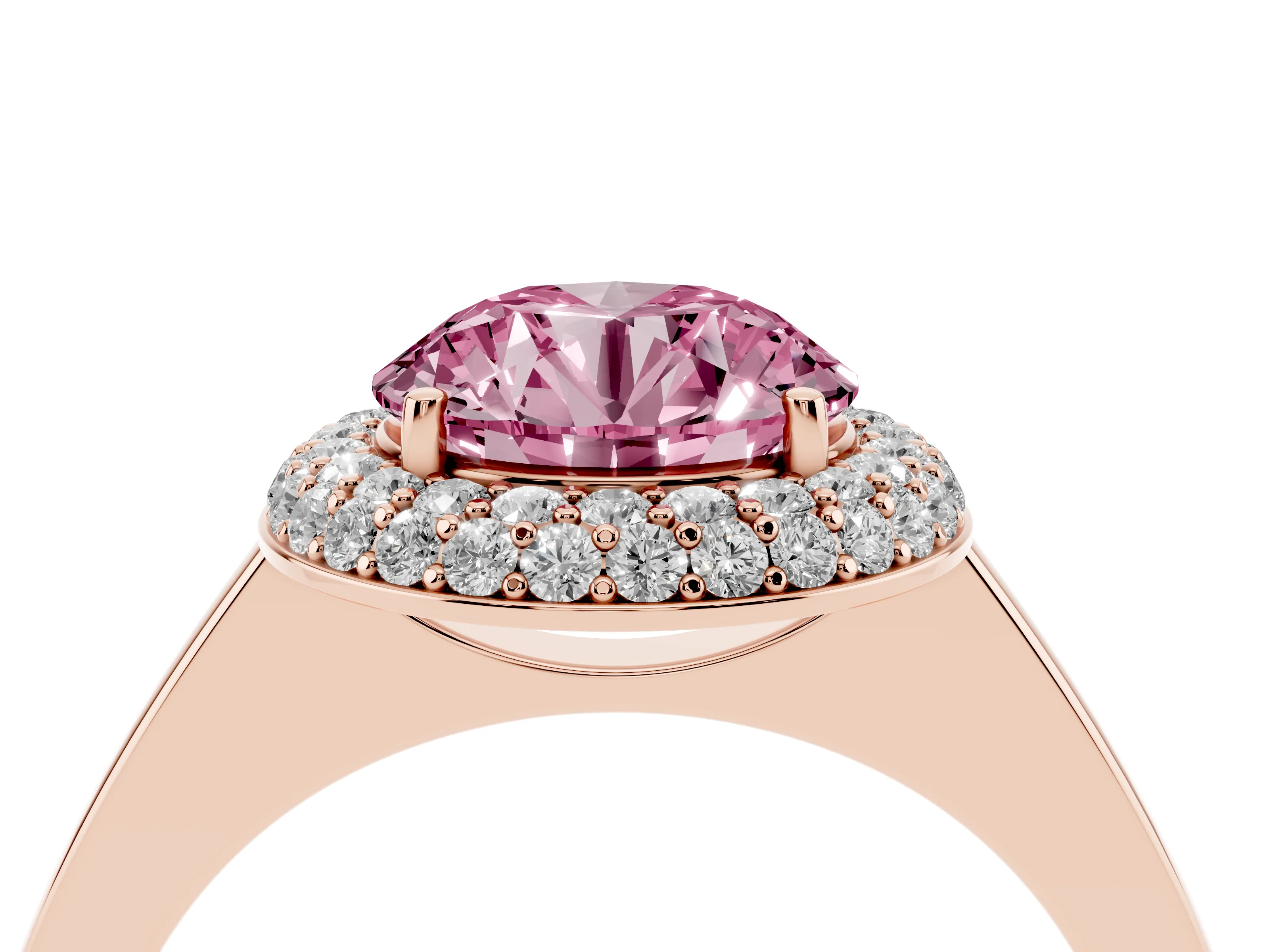 Fancy Pink Round Cut Diamond Halo Engagement Ring Set in Rose gold with Solitaire Band and Prong Setting