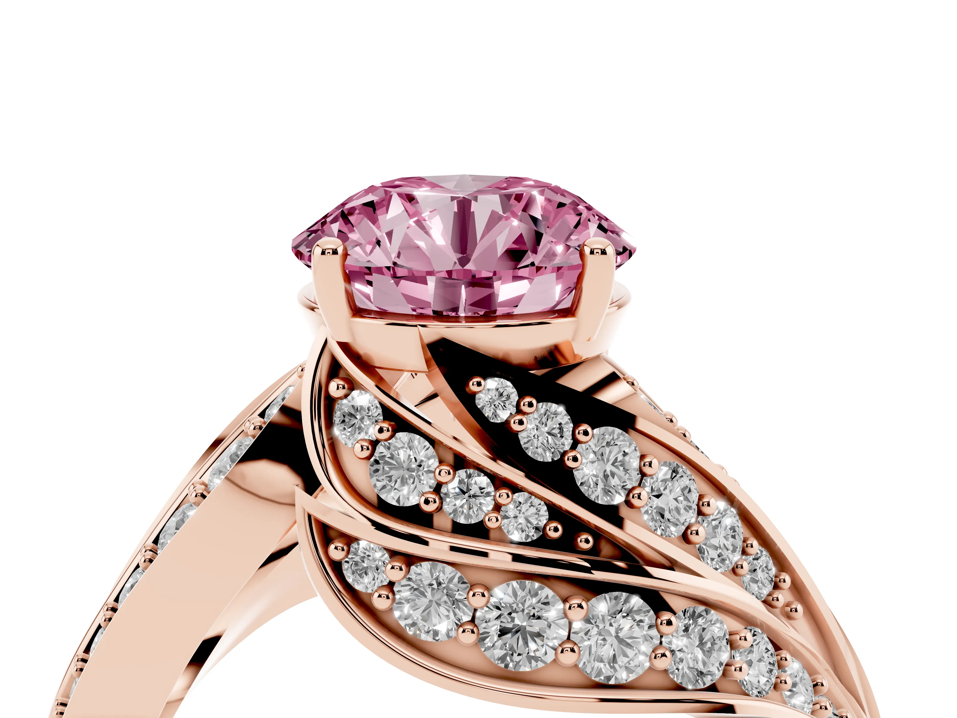 Fancy Pink Round Cut Diamond Solitaire Ring Set in Rose gold with Layered Twist Pavé Band