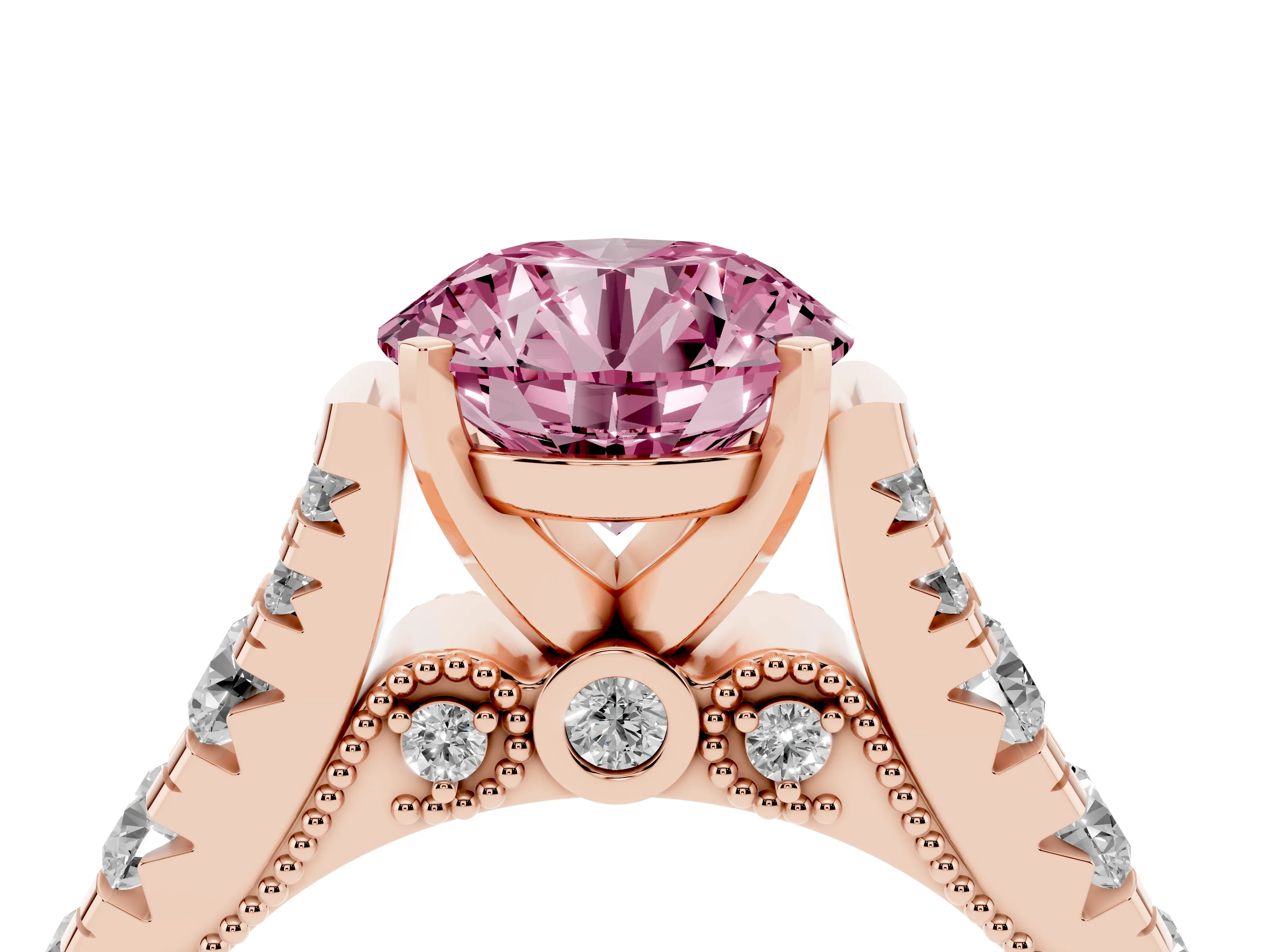 Fancy Pink Round Cut Diamond Classic Solitaire Ring Set in Rose gold with Pavé Band and Prong Setting