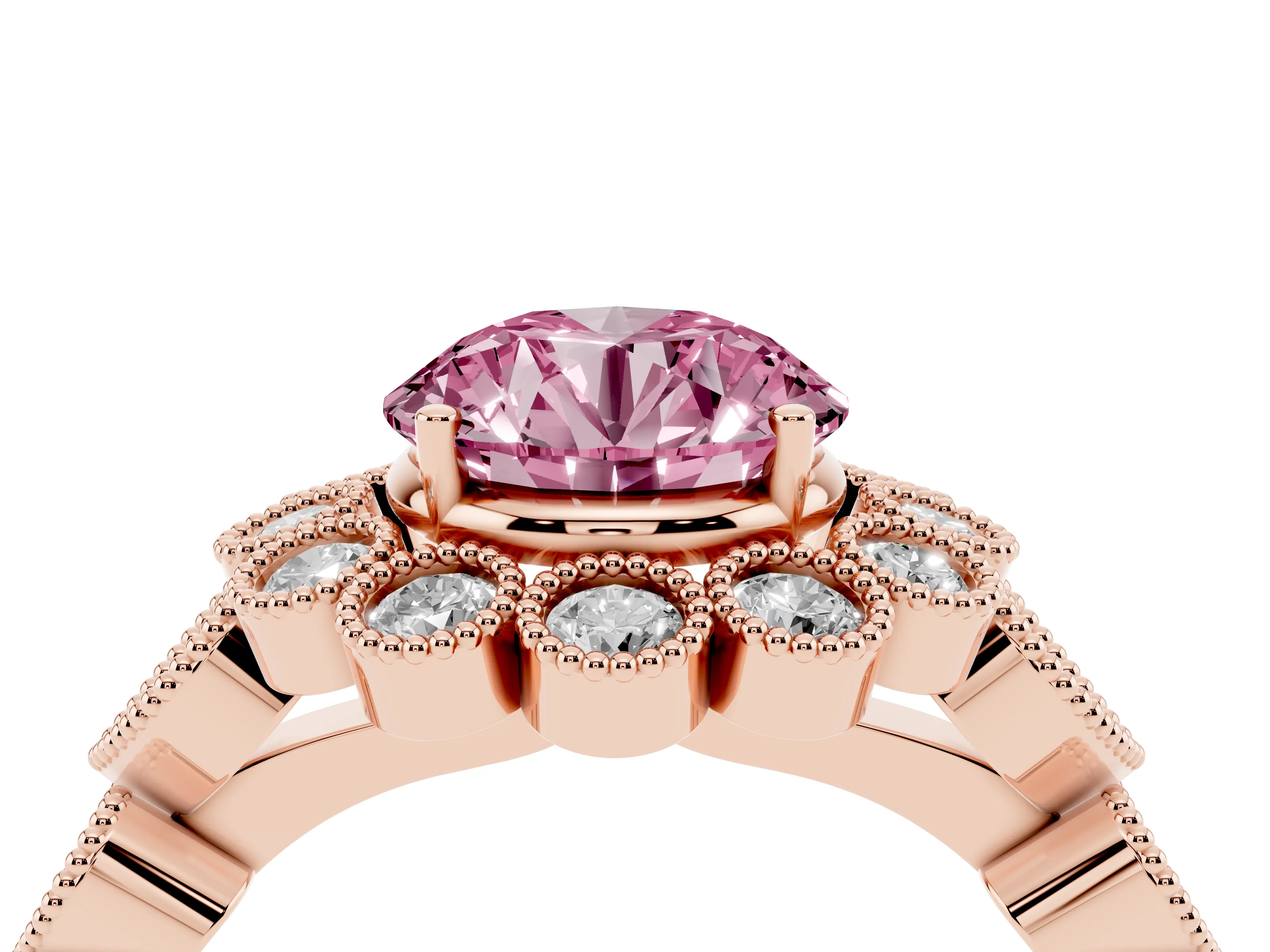 Fancy Pink Round Cut Diamond Solitaire Ring Set in Rose gold with Milgrain Pavé Heart Band