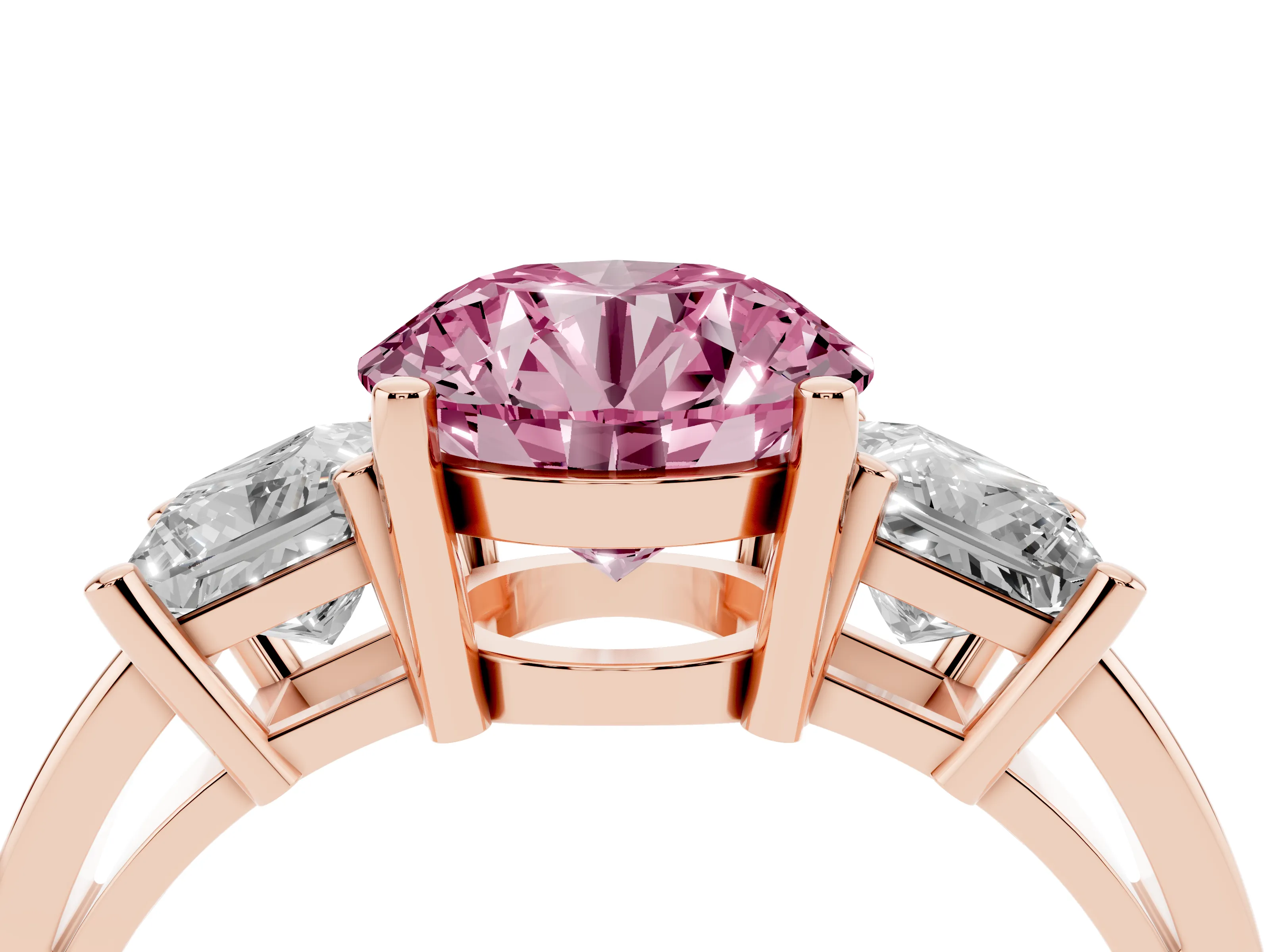 Fancy Pink Three-Stone Round Cut Diamond Solitaire Ring Set in Rose gold with Prong Setting