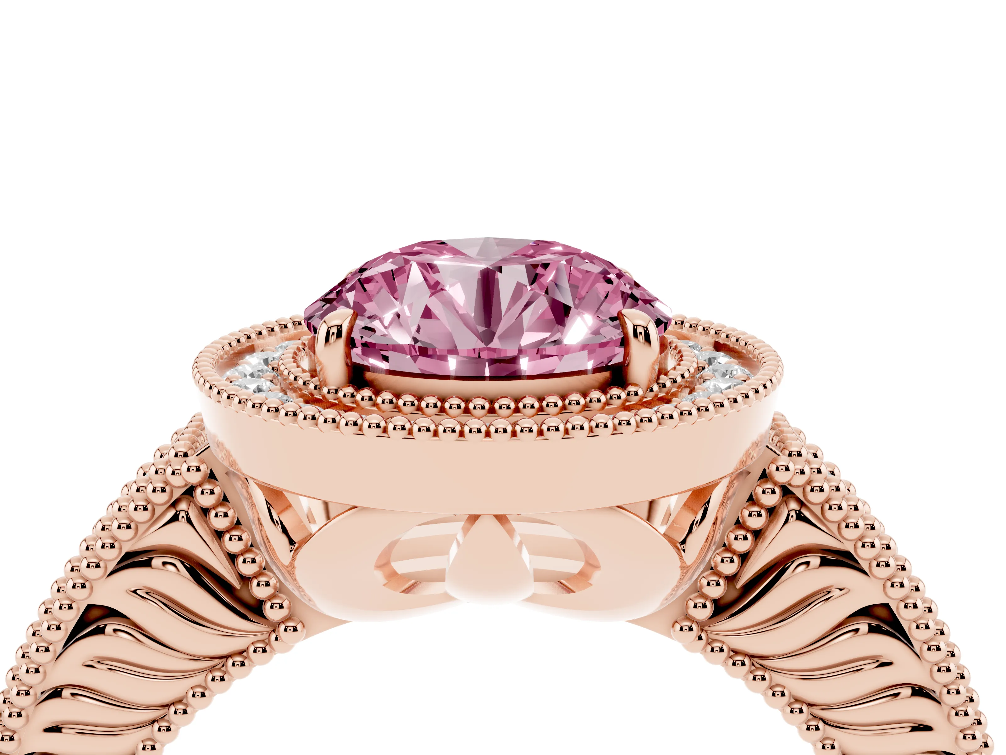 Fancy Pink Round Cut Diamond Halo Ring Set in Rose gold with Round Accent Halo, Pavé Band and Prong Setting