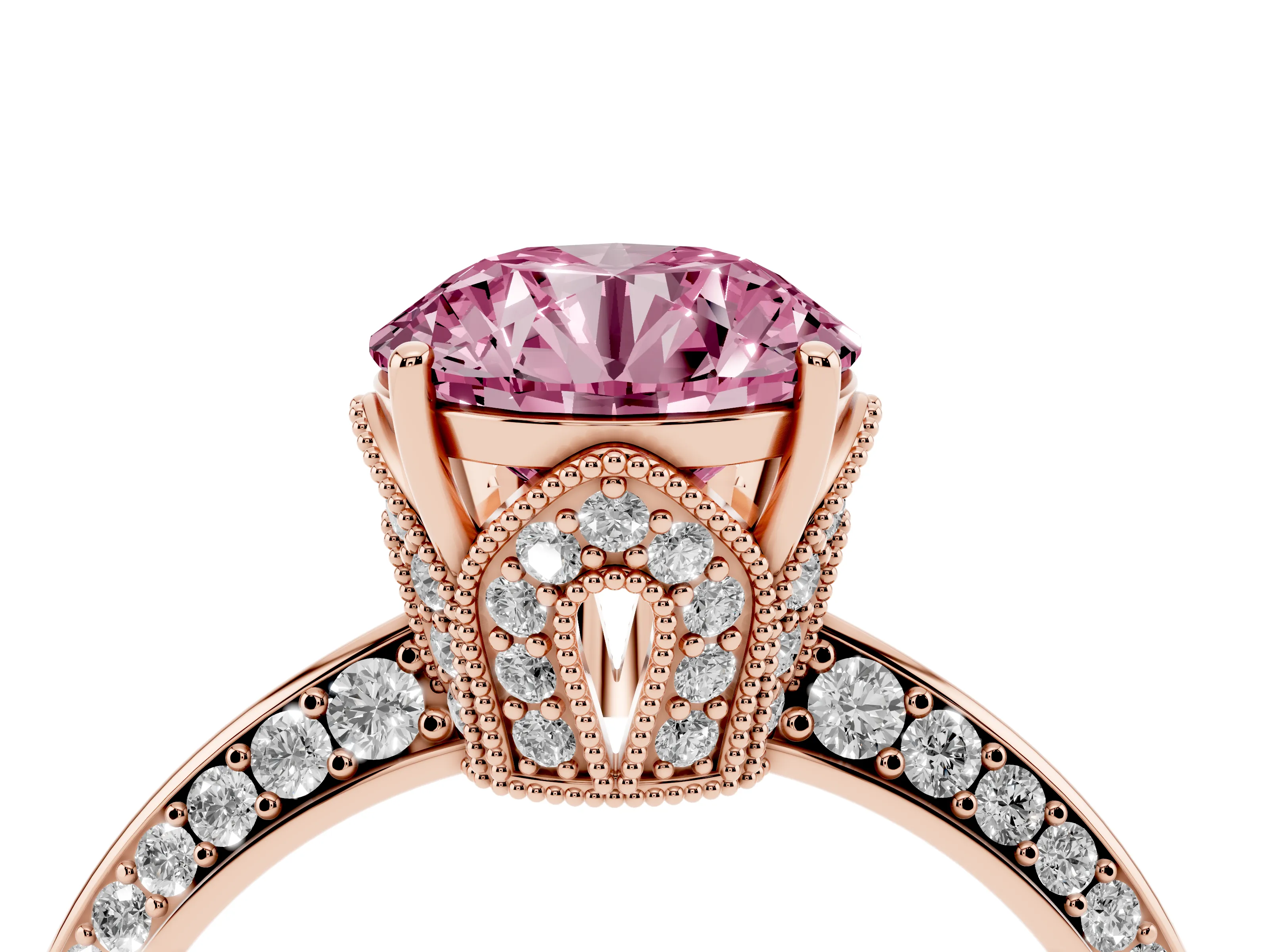 Fancy Pink Round Cut Diamond Solitaire Engagement Ring Set in Rose gold with Pavé Split Shank and Prong Setting