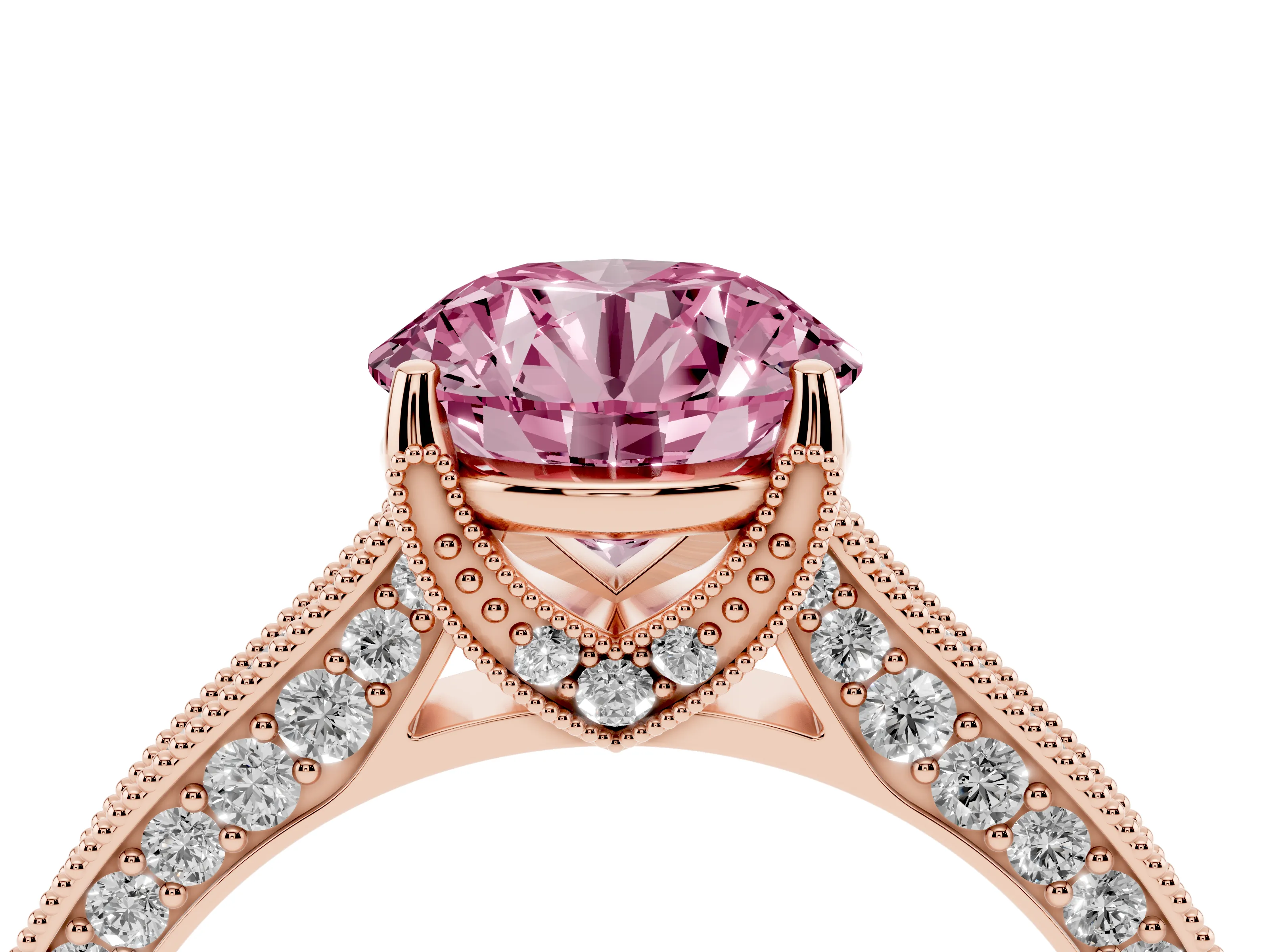 Fancy Pink Round Cut Diamond Solitaire Ring Set in Rose gold with Milgrain-Edged Pavé Band and Prong Setting