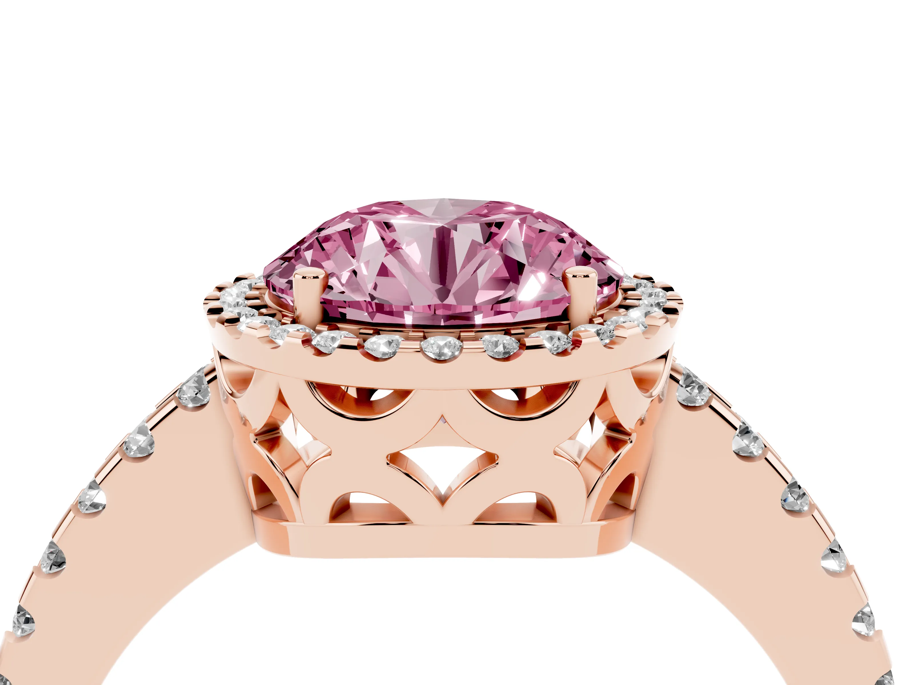 Fancy Pink Round Cut Diamond Halo Ring Set in Rose gold with Pavé Shoulders and Halo-Framed Center
