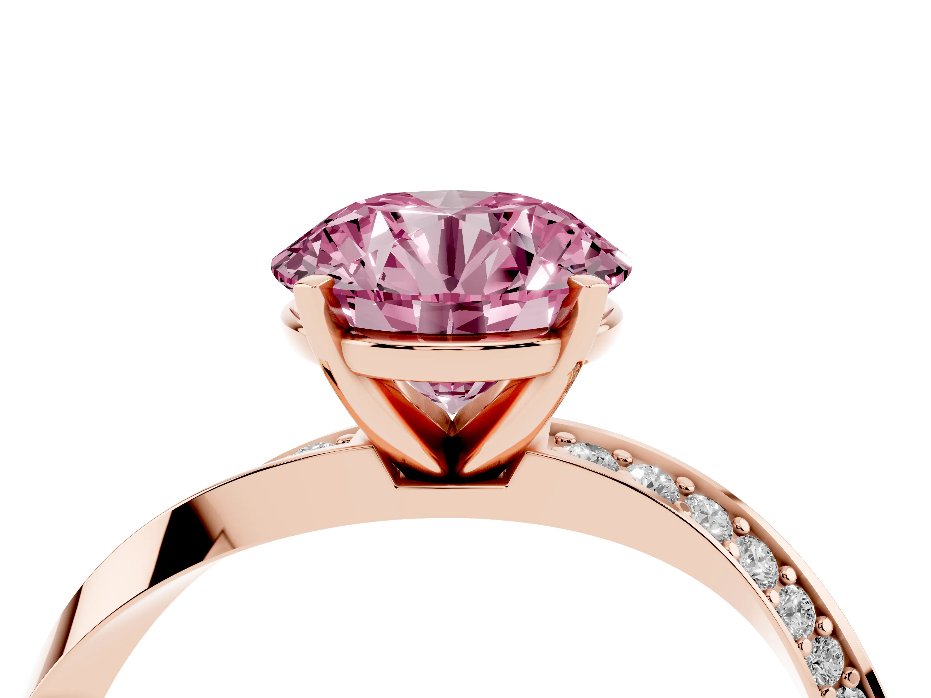 Fancy Pink Round Cut Diamond Engagement Ring Set in Rose gold with Side Stone Accents and Prong Setting