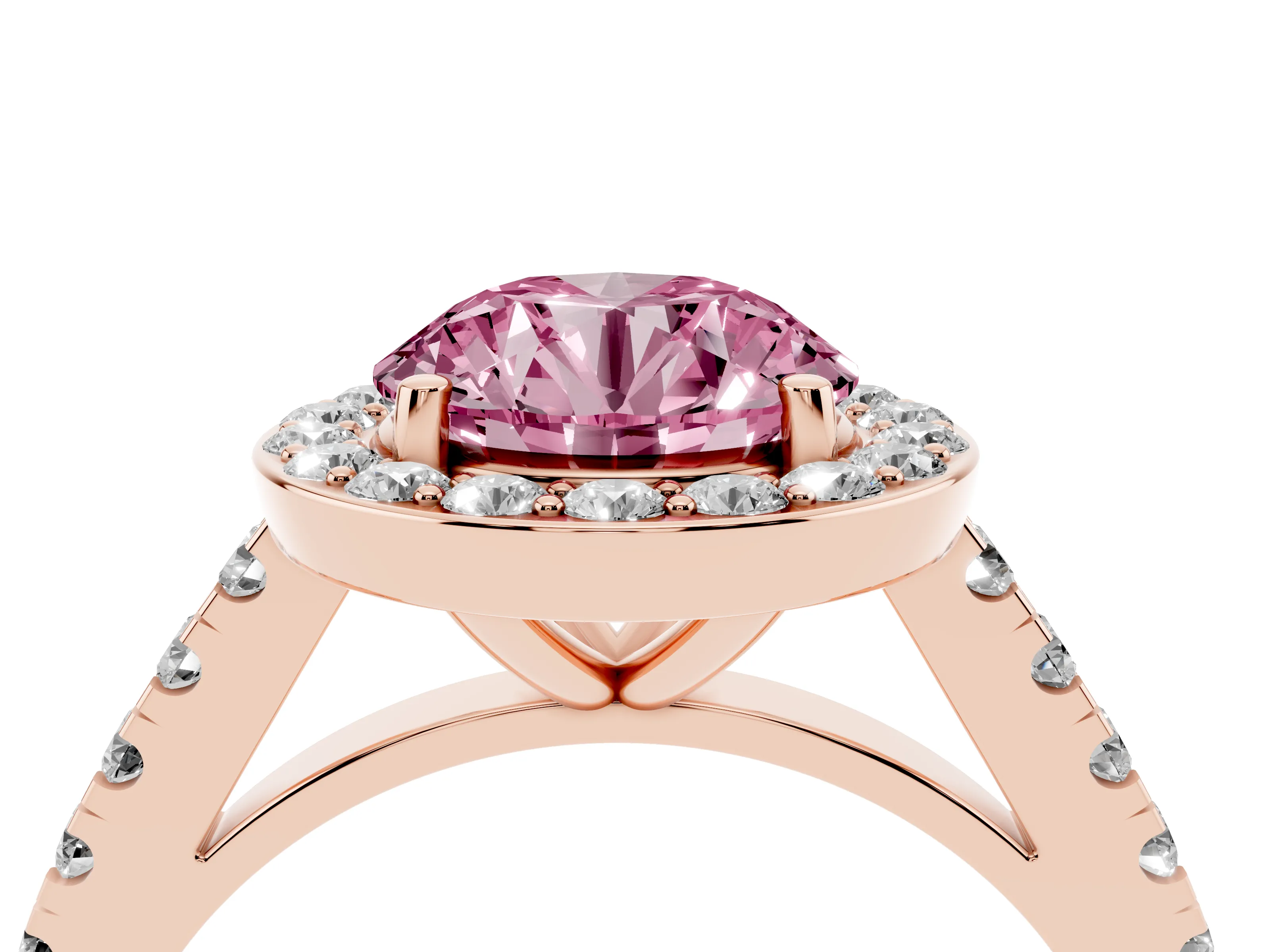 Fancy Pink Round Cut Diamond Halo Ring Set in Rose gold with Round Pavé Split Shank and Prong Setting