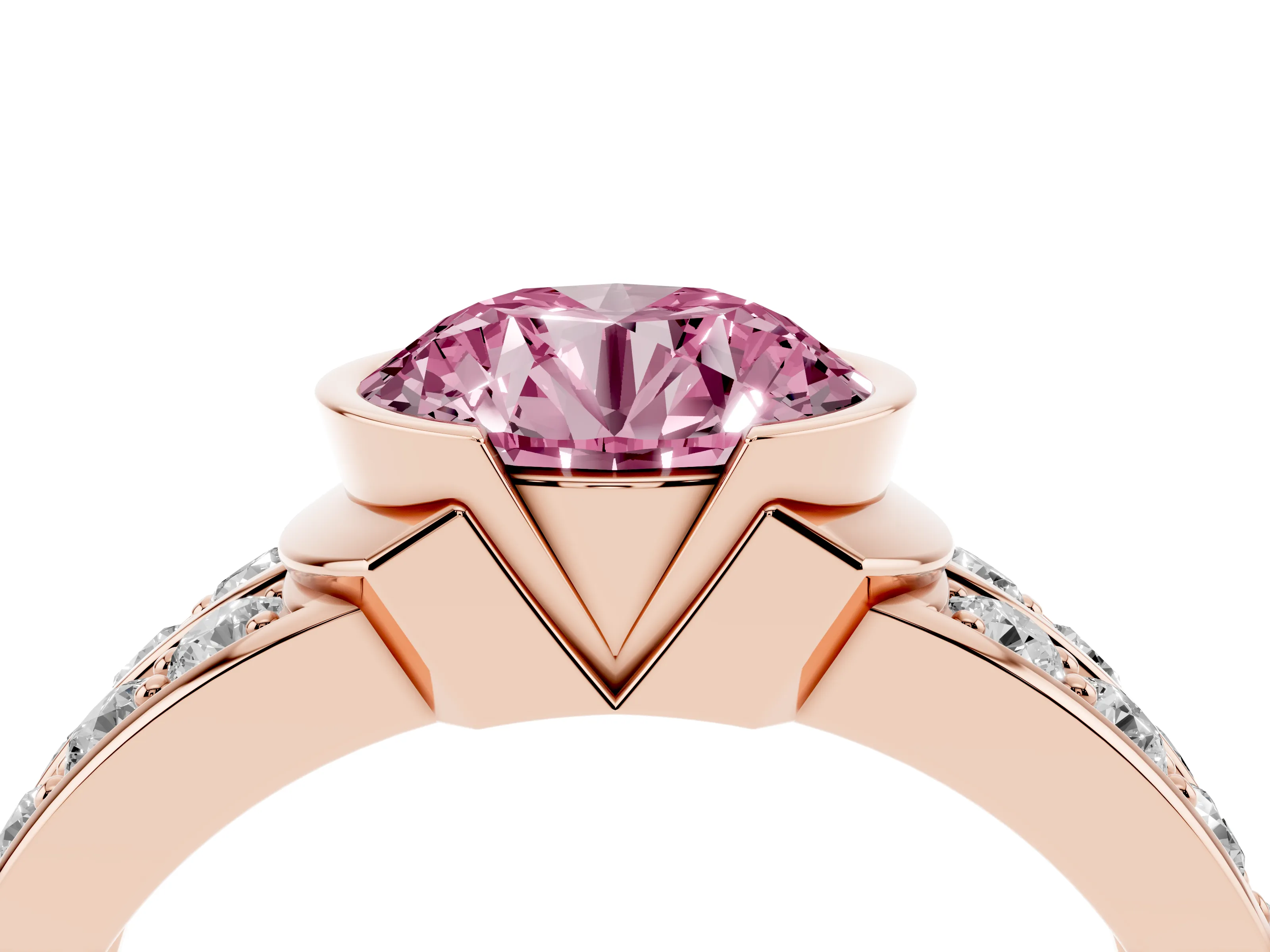 Fancy Pink Round Cut Diamond Wide Channel Set Band Ring Set in Rose gold with Bezel Setting