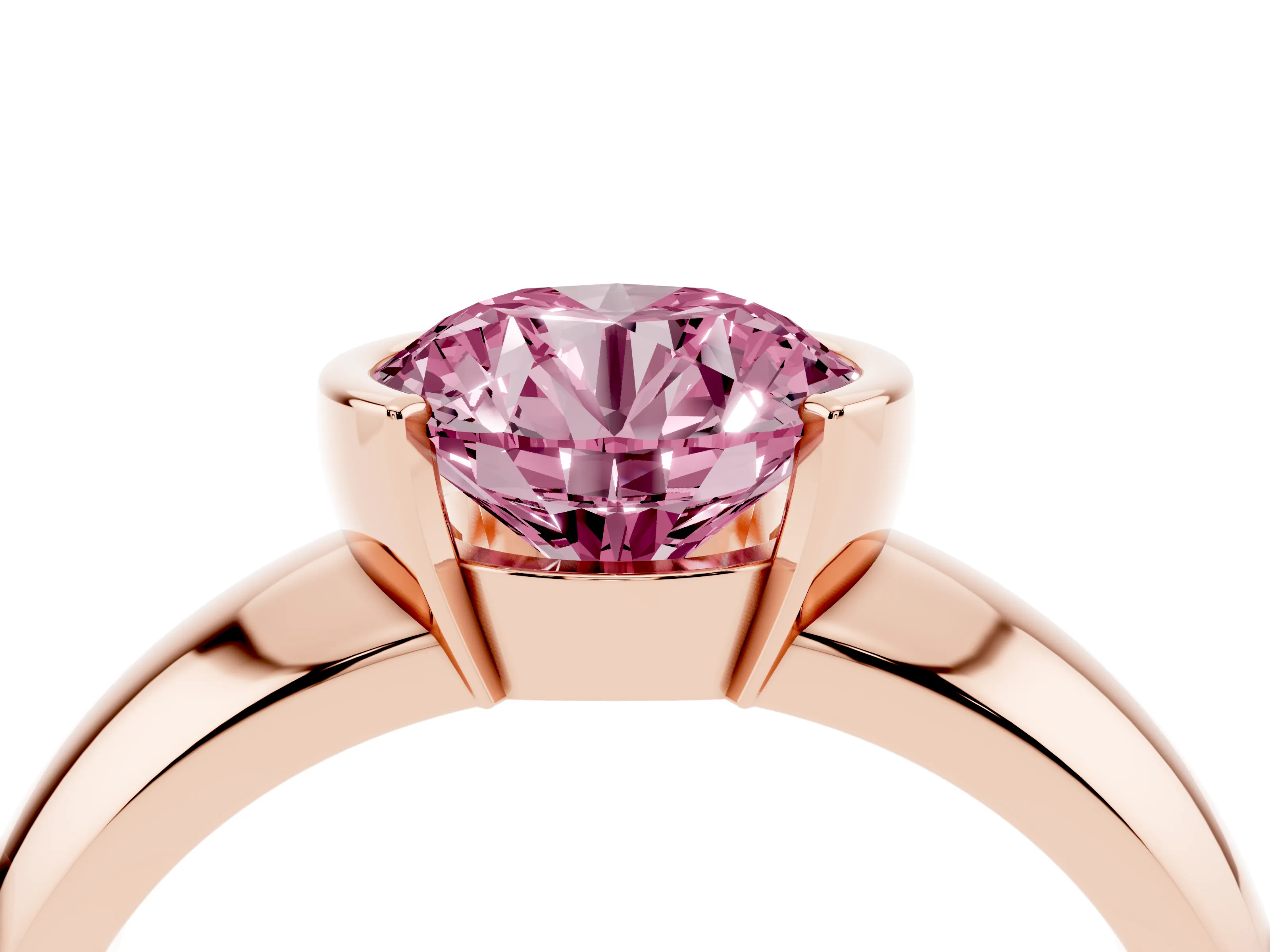 Fancy Pink Round Cut Diamond Solitaire Tension Set Ring Set in Rose gold with Wide Band