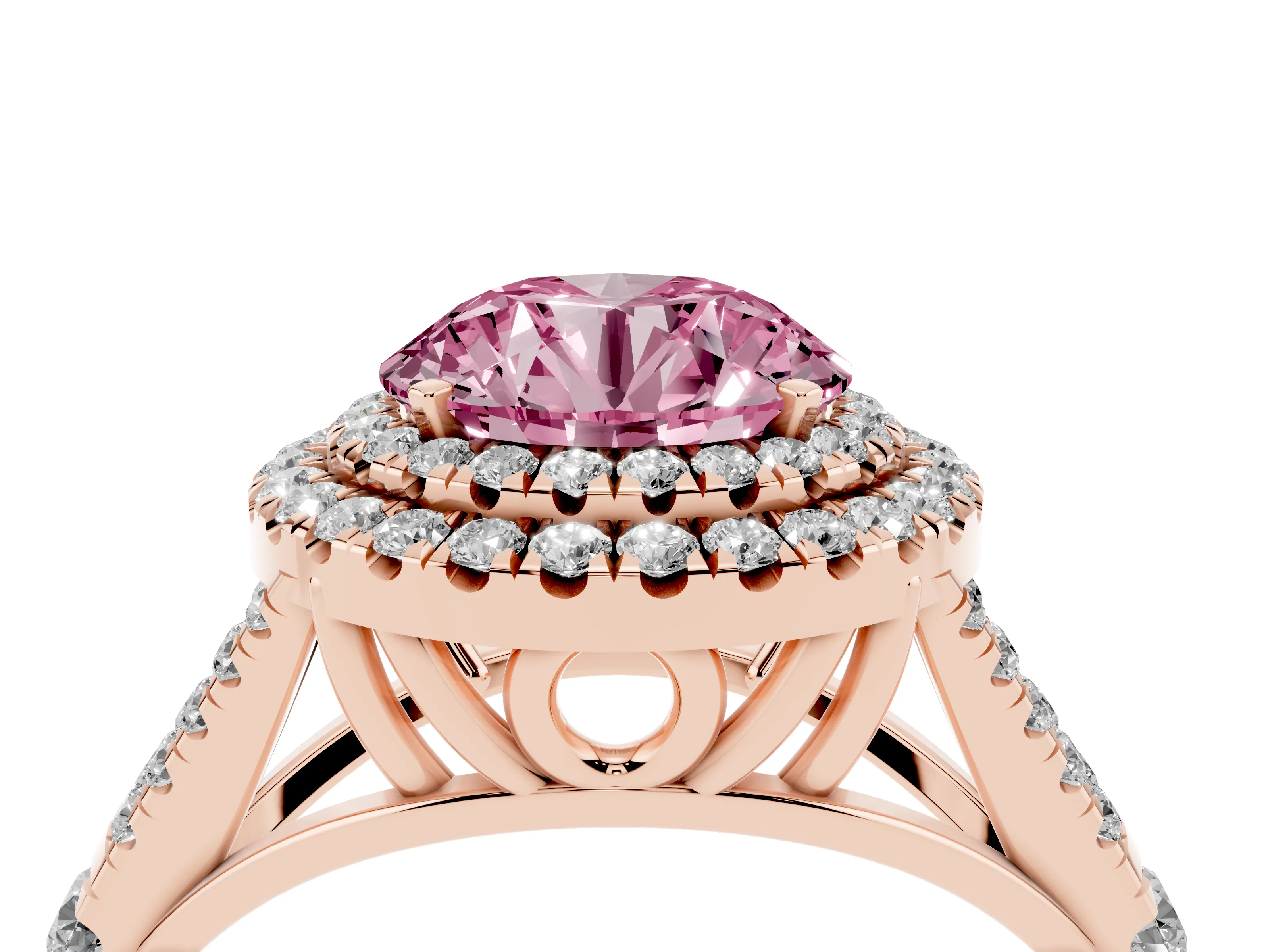 Fancy Pink Round Cut Diamond Pavé Split Shank Double Halo Engagement Ring Set in Rose gold