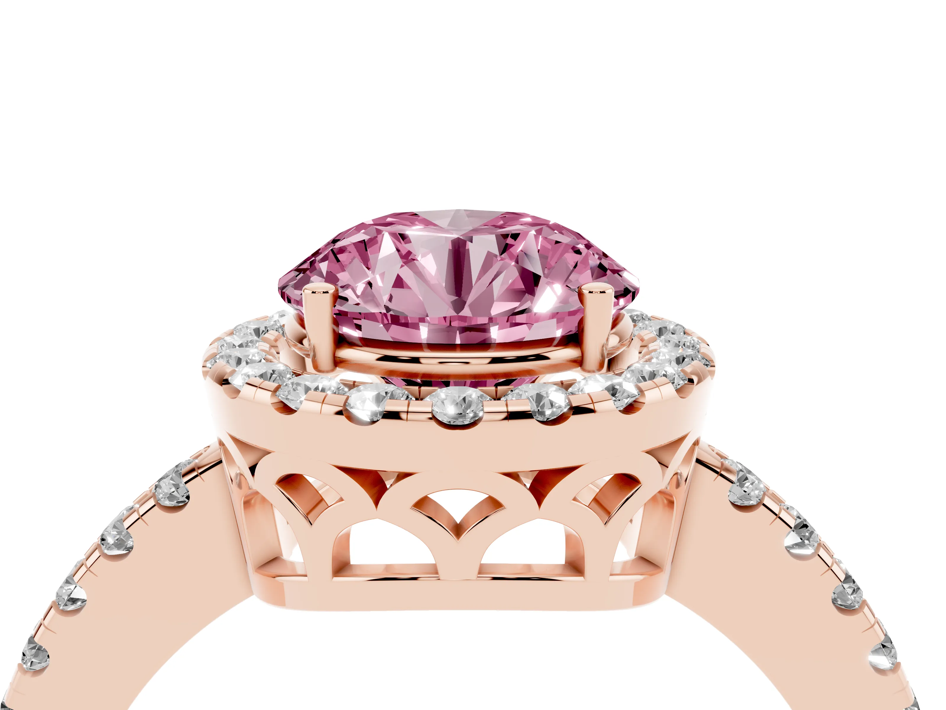 Fancy Pink Round Cut Diamond Pavé Band Halo Engagement Ring Set in Rose gold with Prong Setting