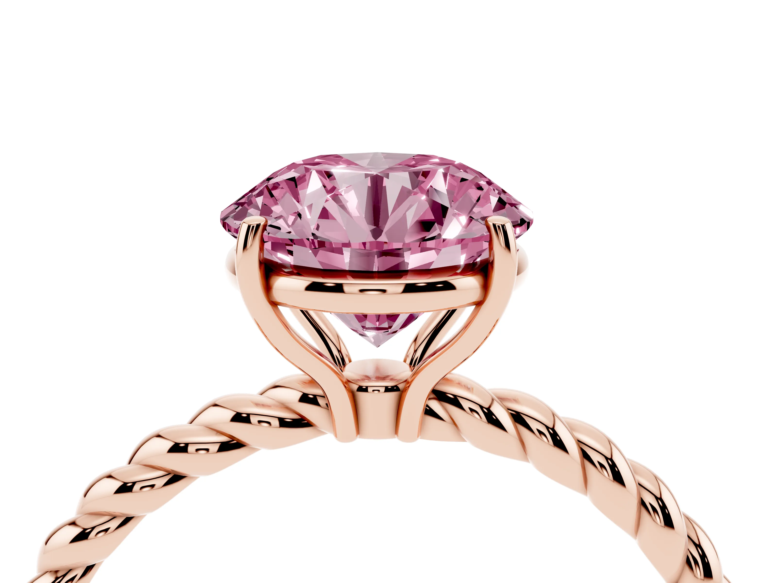 Fancy Pink Round Cut Diamond Solitaire Ring Set in Rose gold with Twist Band and Prong Setting