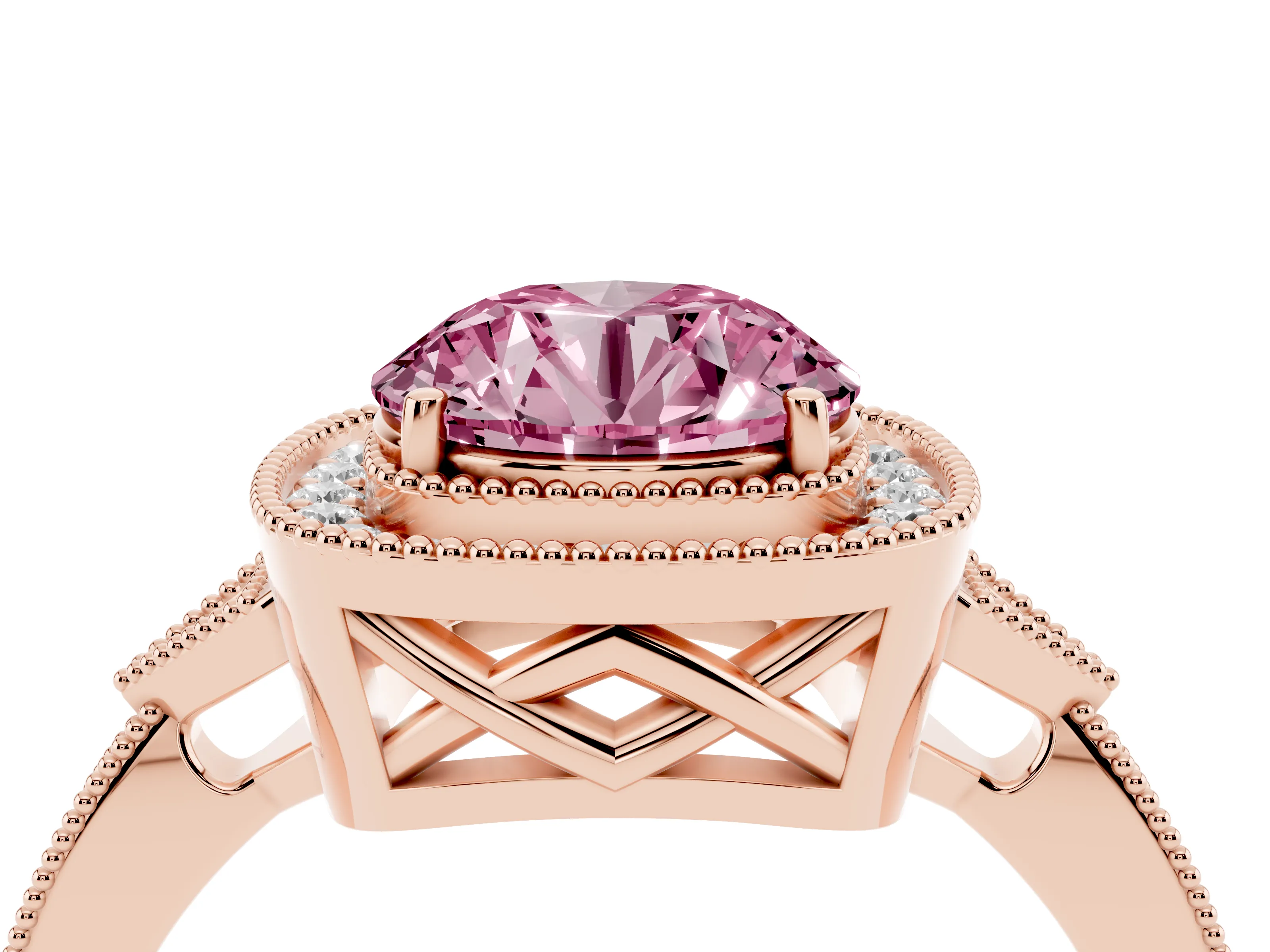 Fancy Pink Round Cut Diamond Halo Engagement Ring Set in Rose gold with Milgrain Pavé Band