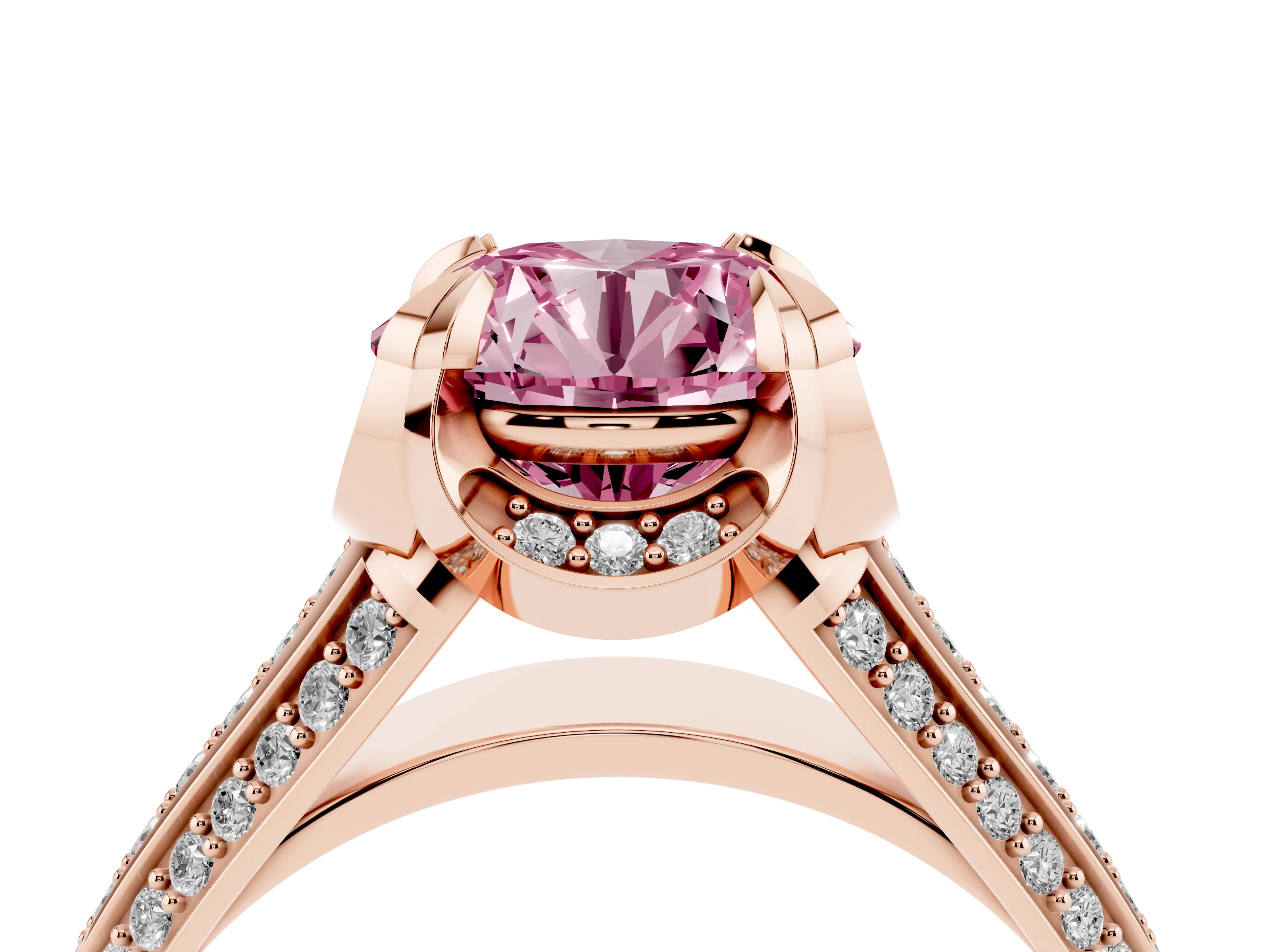 Fancy Pink Round Cut Diamond Pavé Split Shank Solitaire Ring Set in Rose gold with Prong Setting