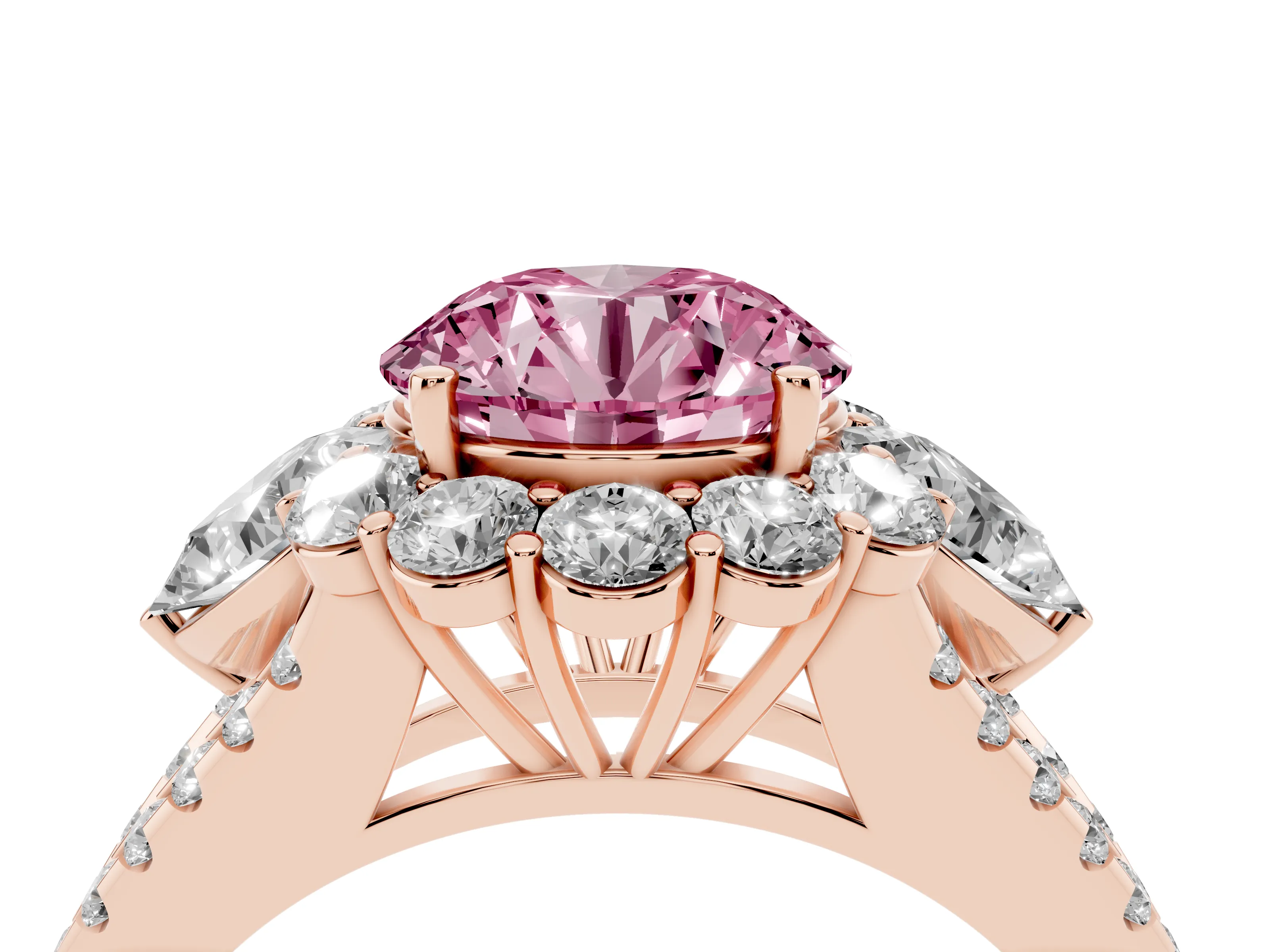 Fancy Pink Round Cut Diamond Halo Split Shank Engagement Ring Set in Rose gold with Prong-Held Center Stone