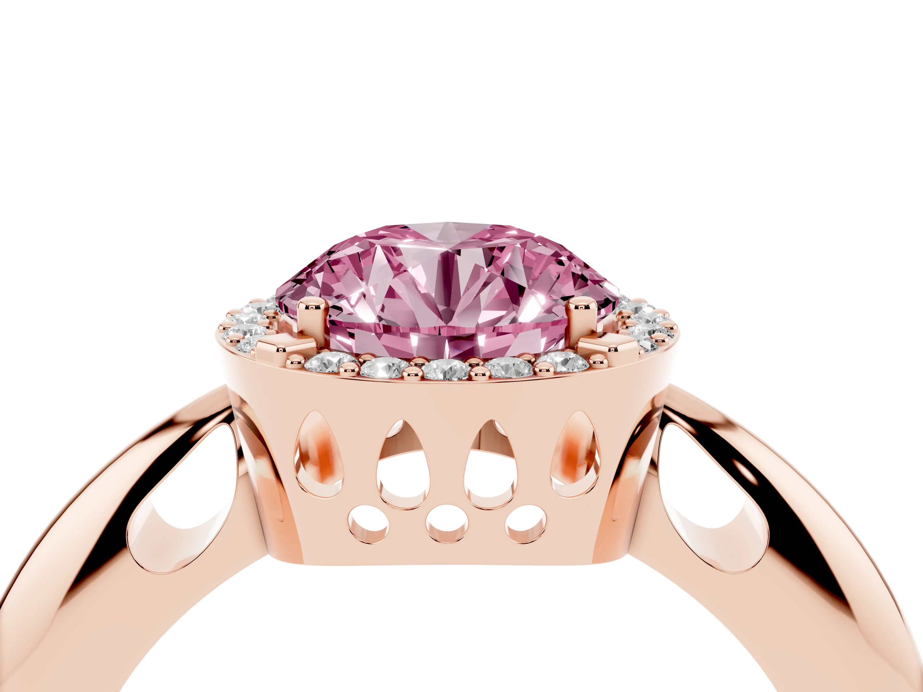 Fancy Pink Round Cut Diamond Halo Engagement Ring Set in Rose gold with Plain Split Shank and Prong Setting