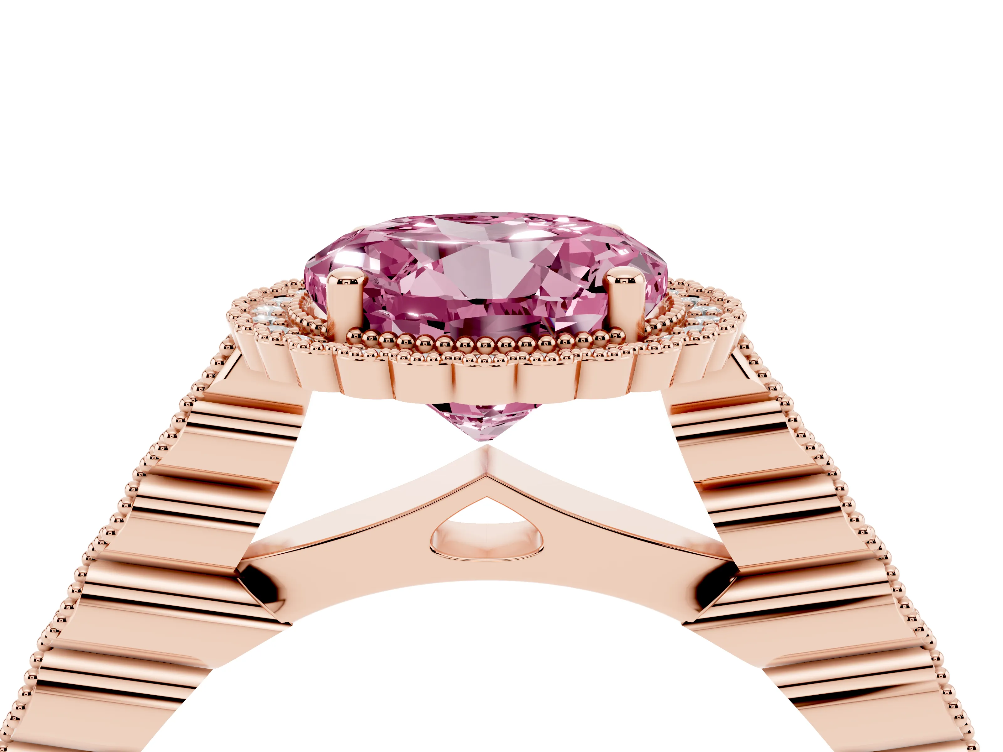 Fancy Pink Round Cut Diamond Halo Ring Set in Rose gold with Pavé Milgrain Band