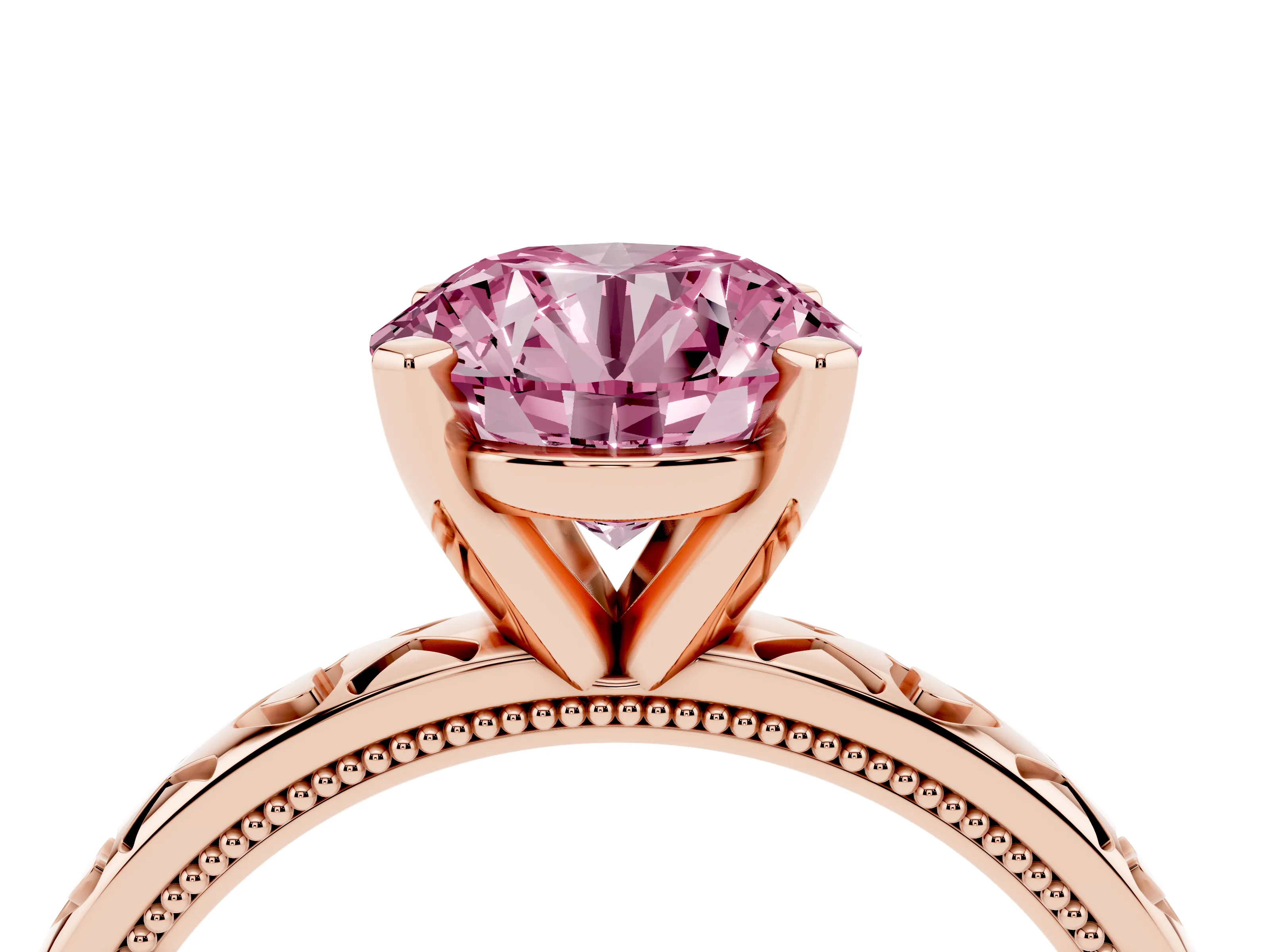 Fancy Pink Round Cut Diamond Solitaire Engagement Ring Set in Rose gold with XO Engraved Band and Prong Setting