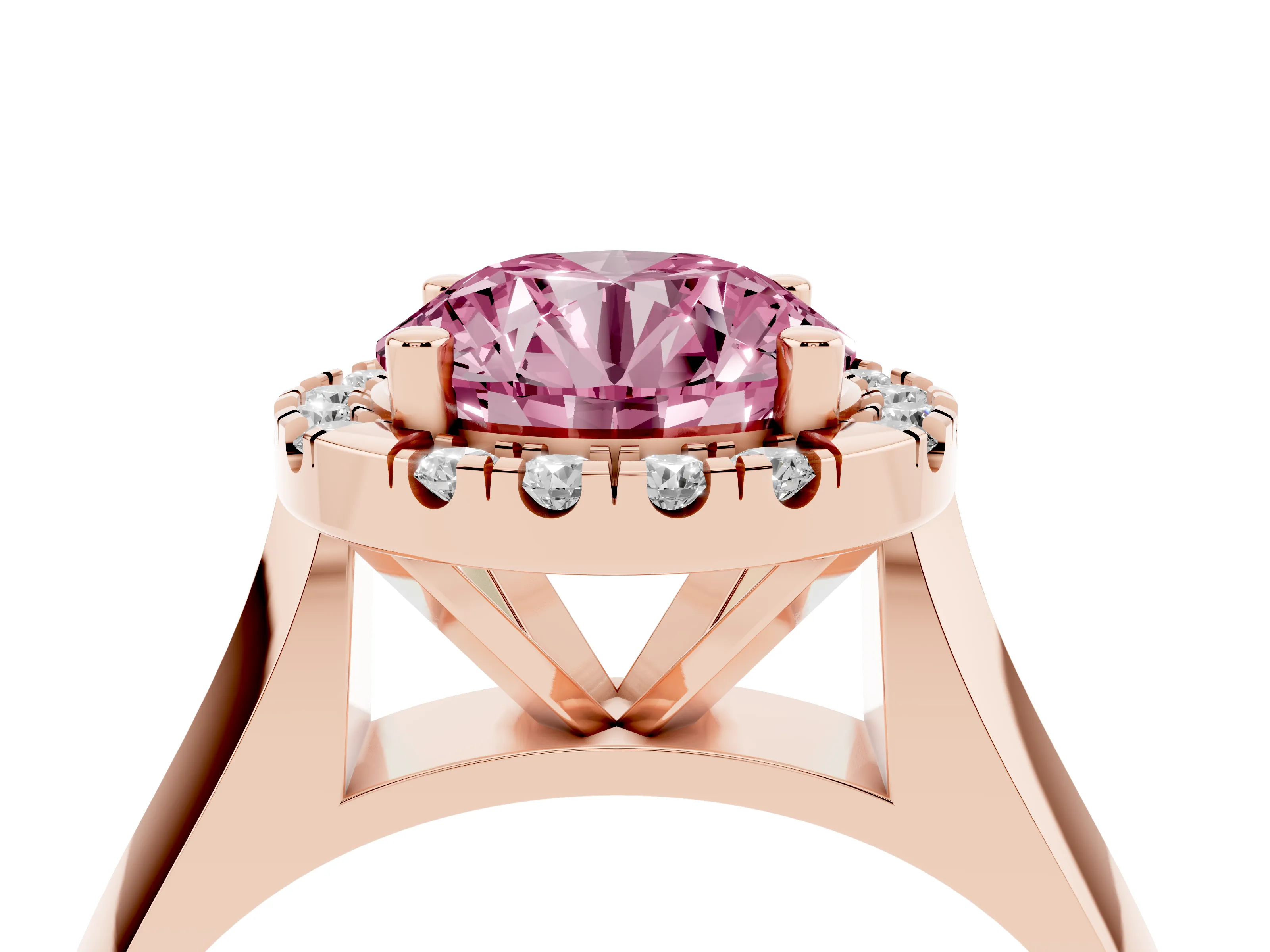 Fancy Pink Round Cut Diamond Halo Solitaire Engagement Ring Set in Rose gold with Square Band and Prong Setting