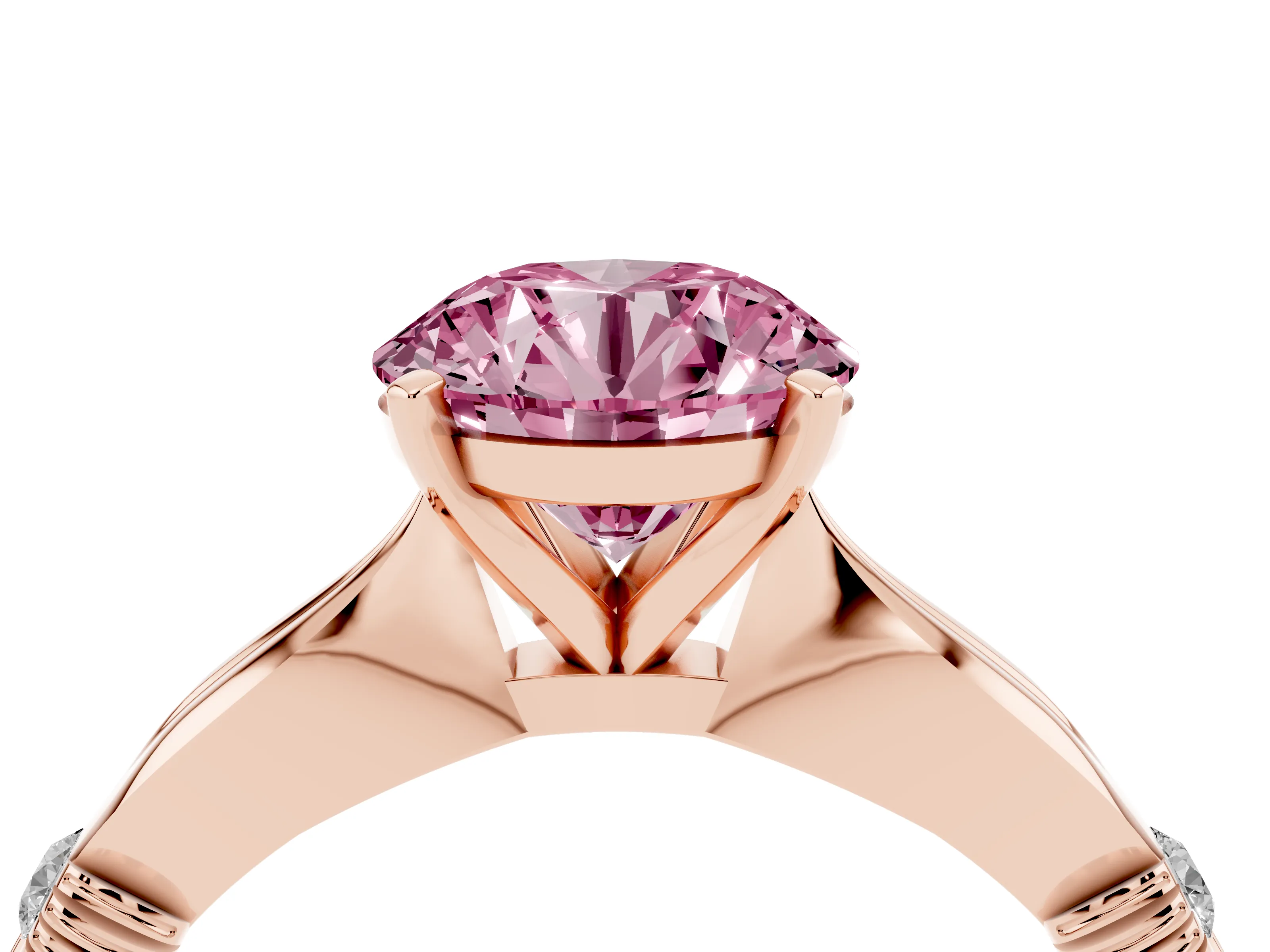 Fancy Pink Round Cut Diamond Solitaire Twisted Band Ring Set in Rose gold with Accent Stones and Prong Setting