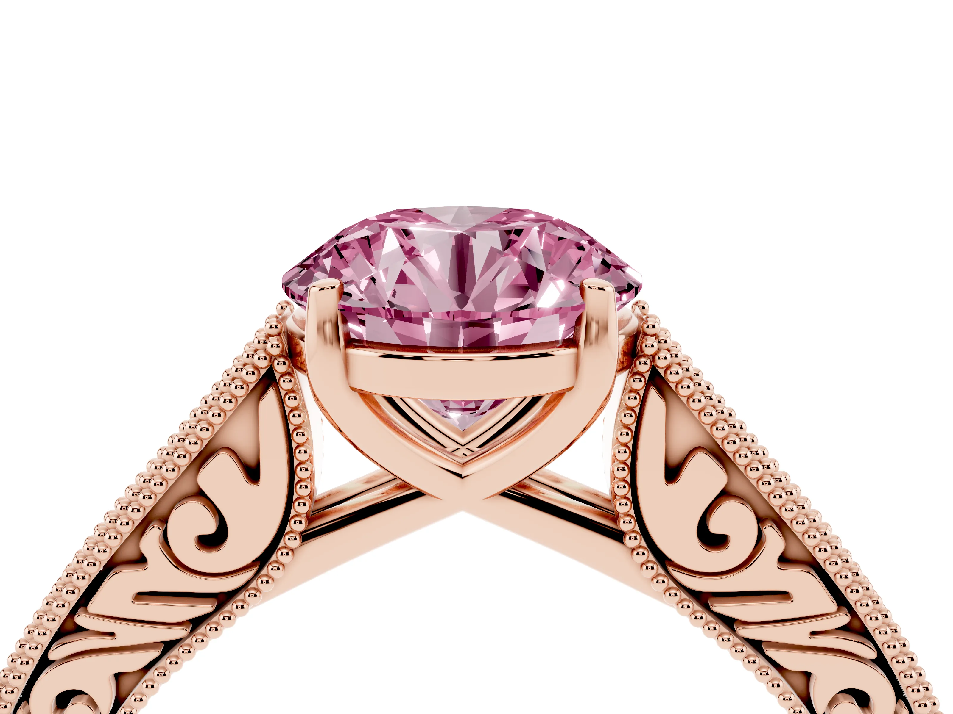 Fancy Pink Round Cut Diamond Milgrain Pavé Band Solitaire Ring Set in Rose gold with Prong Setting