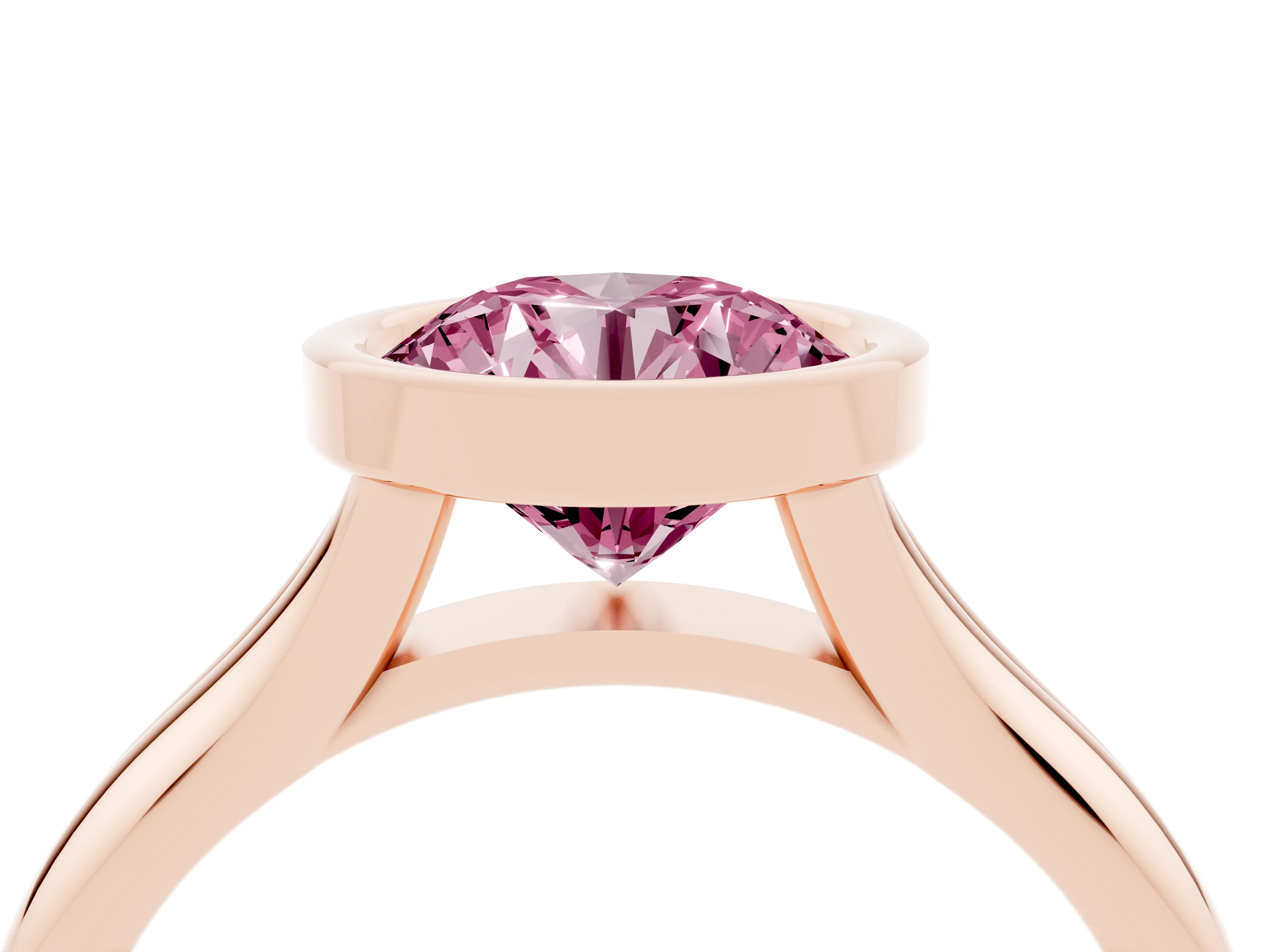 Fancy Pink Bezel Set Round Cut Diamond Solitaire Ring Set in Rose gold with Smooth Band
