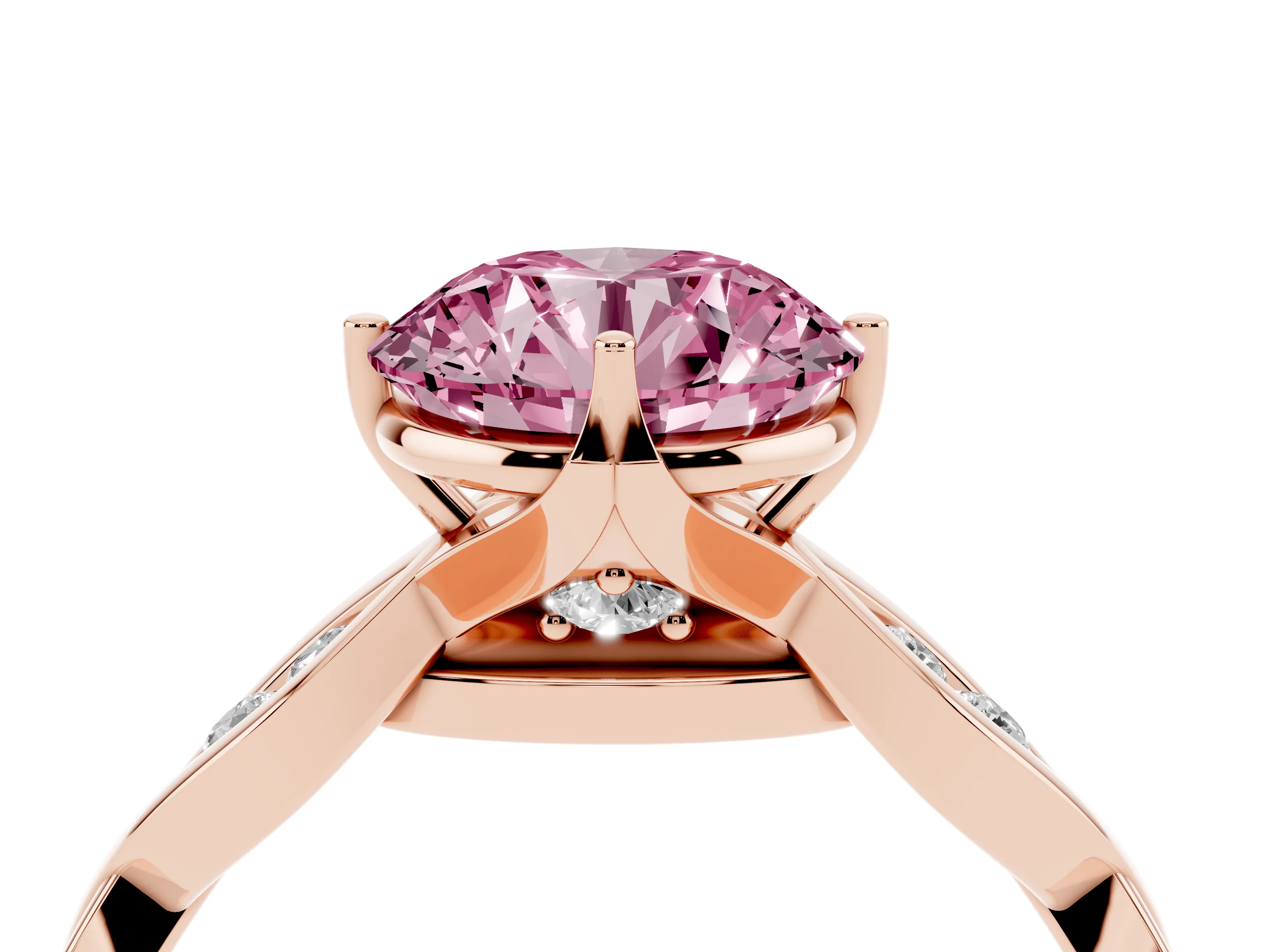 Fancy Pink Round Cut Diamond Twist Band Solitaire Ring Set in Rose gold with Leaf Prong Setting and Accent Stones