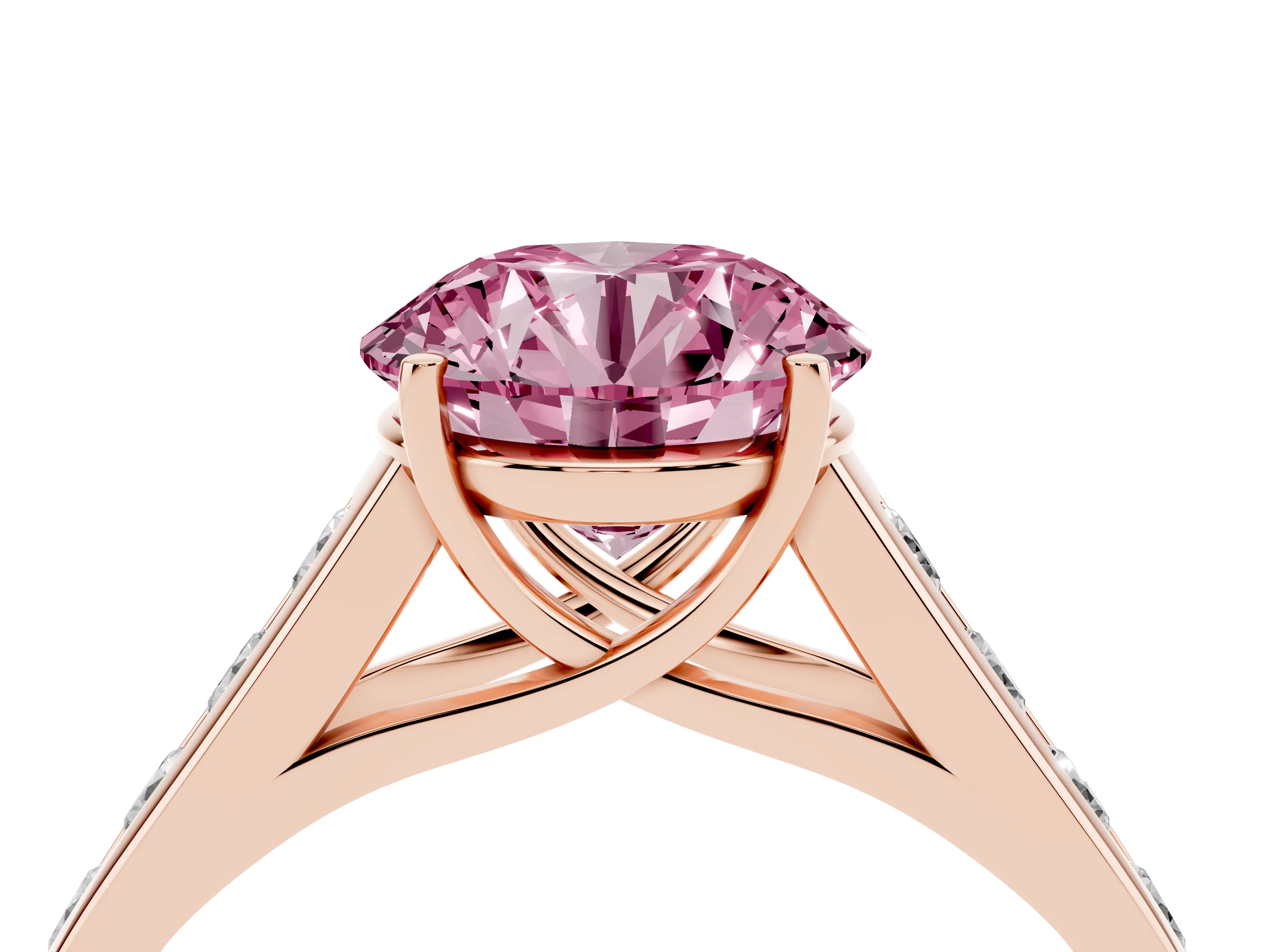 Fancy Pink Round Cut Diamond Solitaire Channel-Set Engagement Ring Set in Rose gold with Prong Setting