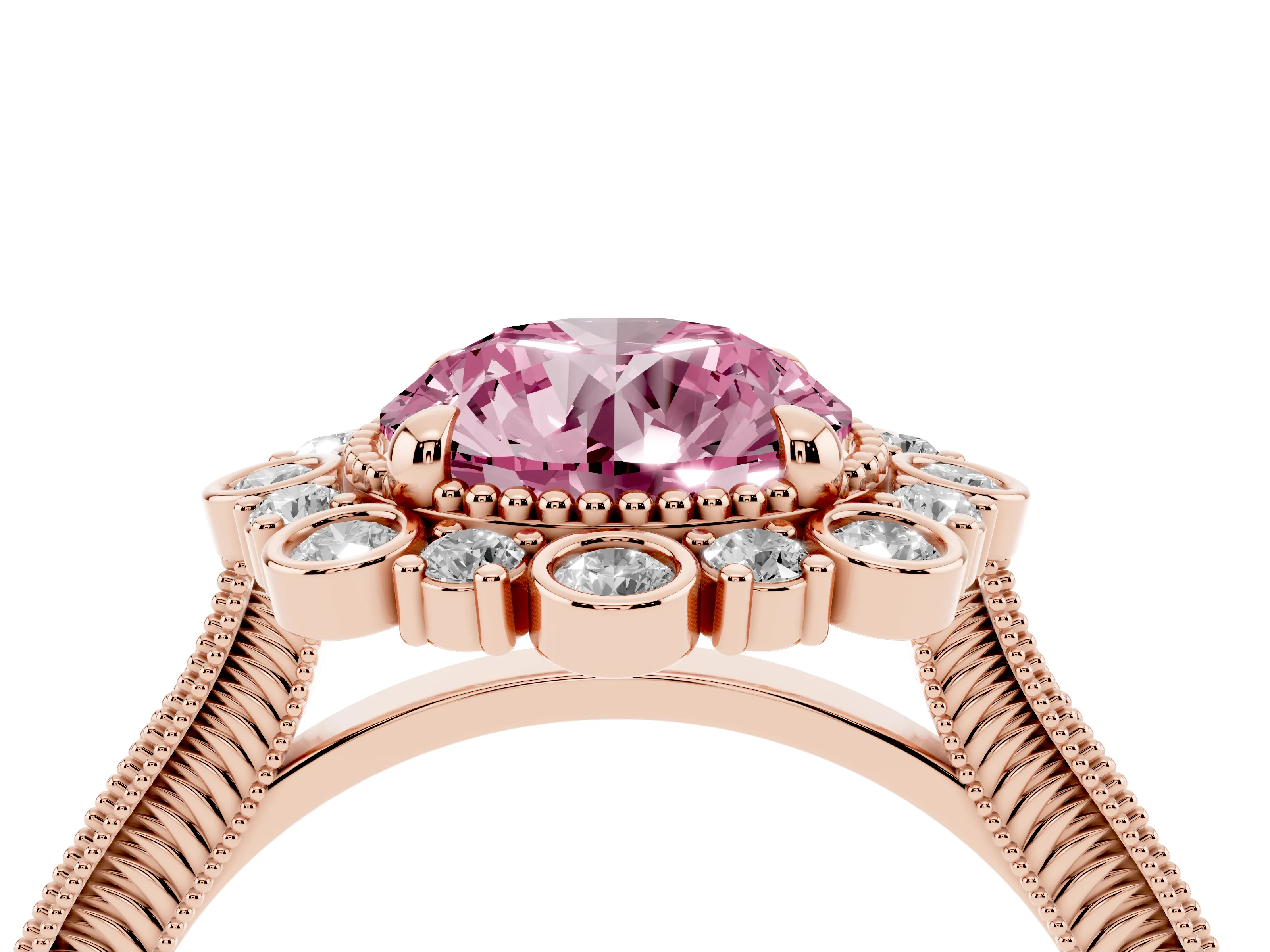 Fancy Pink Round Cut Diamond Halo Milgrain Pavé Ring Set in Rose gold with Prong Setting