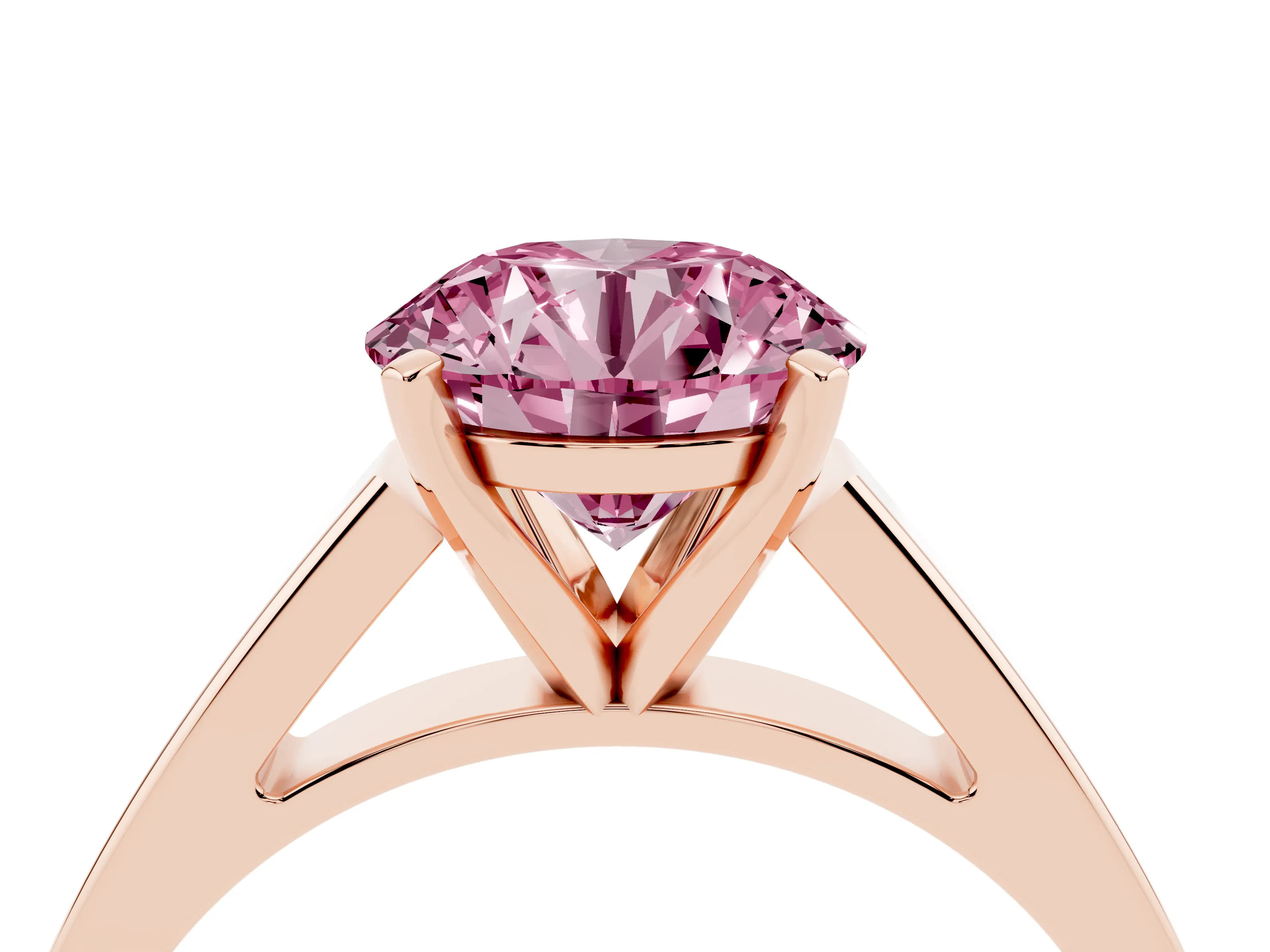 Fancy Pink Round Cut Diamond Solitaire Engagement Ring Set in Rose gold with Prong Setting and Tapered Band