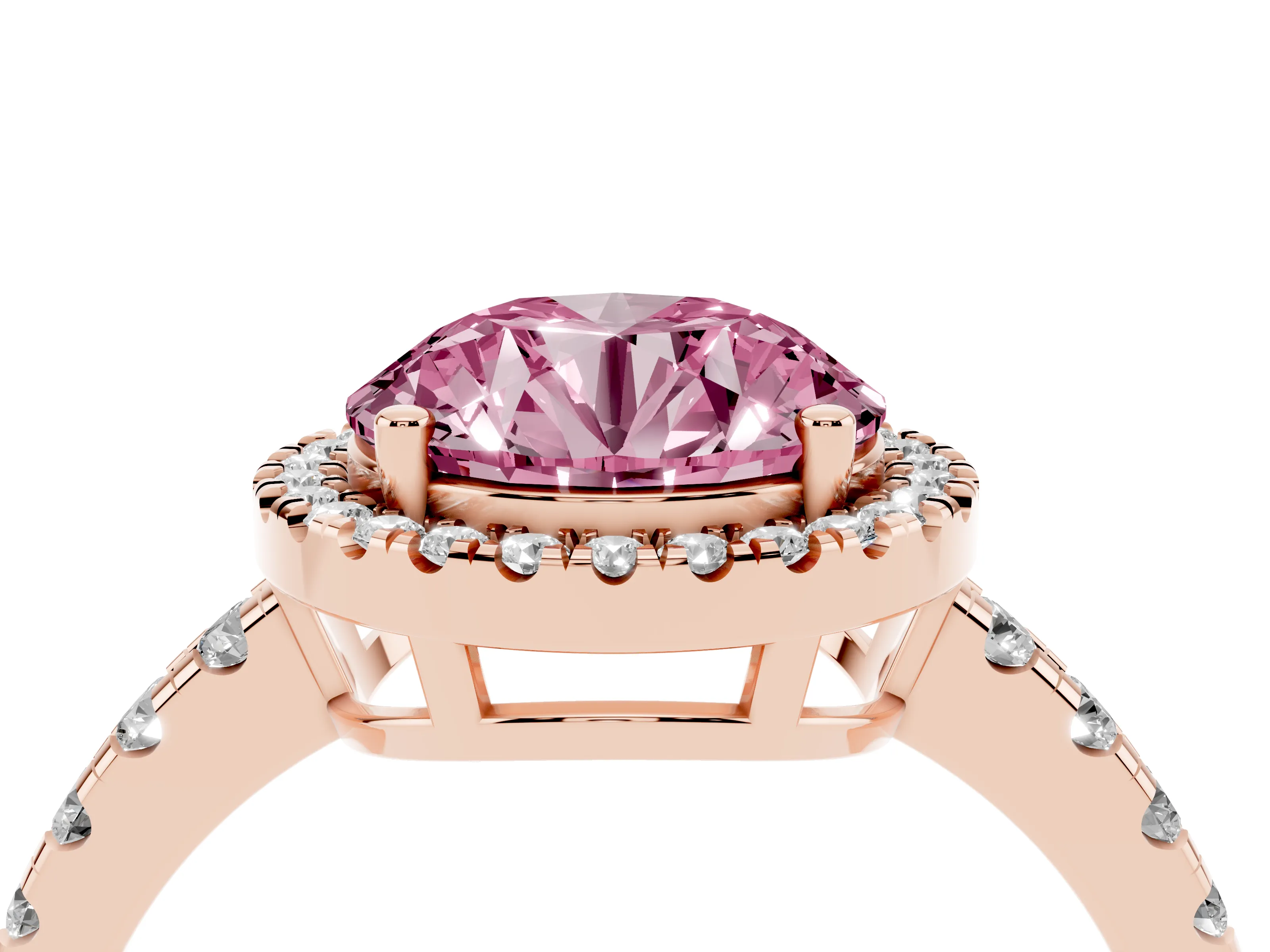 Fancy Pink Round Cut Diamond Halo Ring Set in Rose gold with Delicate Pavé Band and Prong Setting
