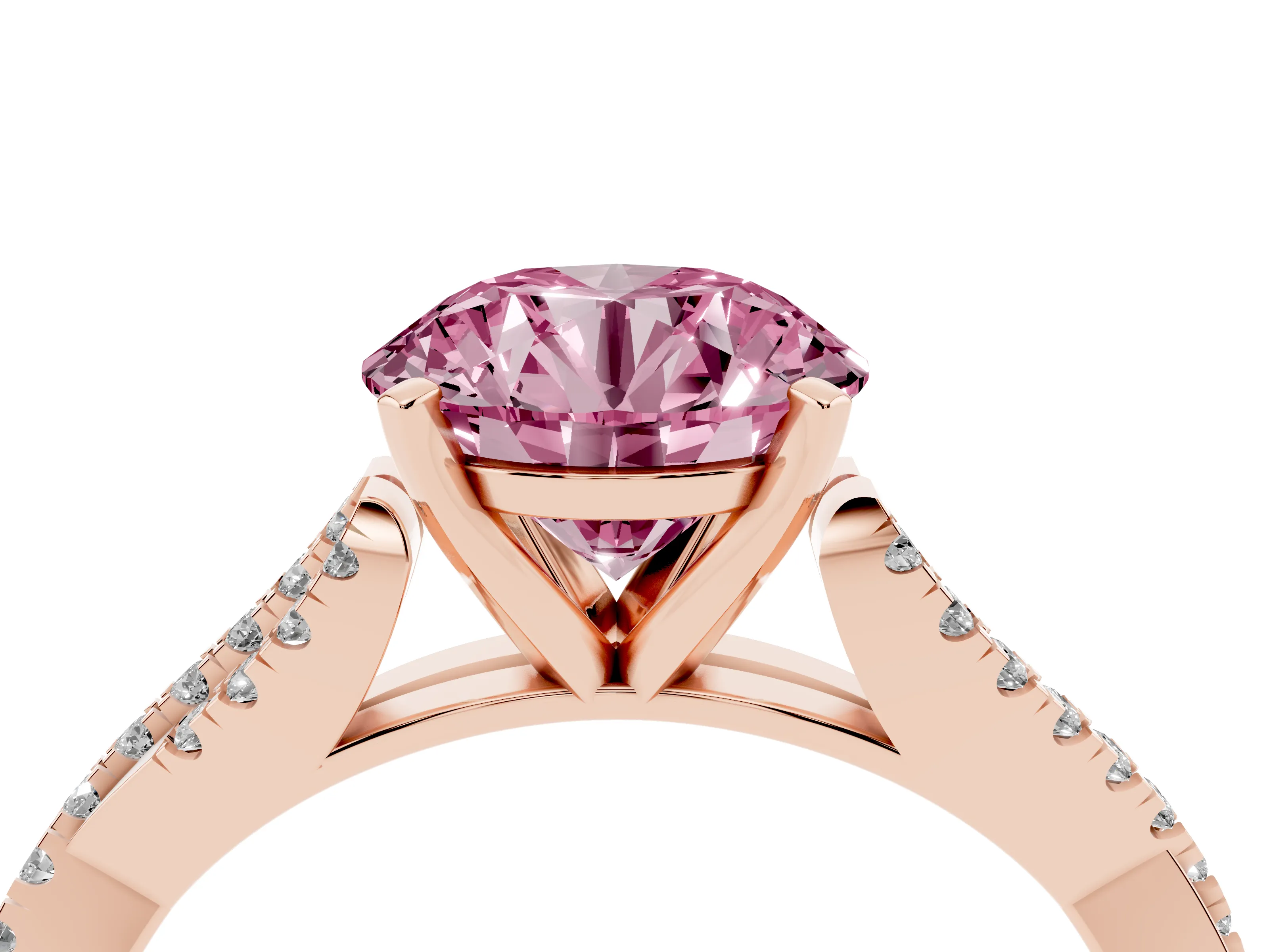 Fancy Pink Round Cut Diamond Solitaire Engagement Ring Set in Rose gold with Twisted Pavé Band and Prong Setting