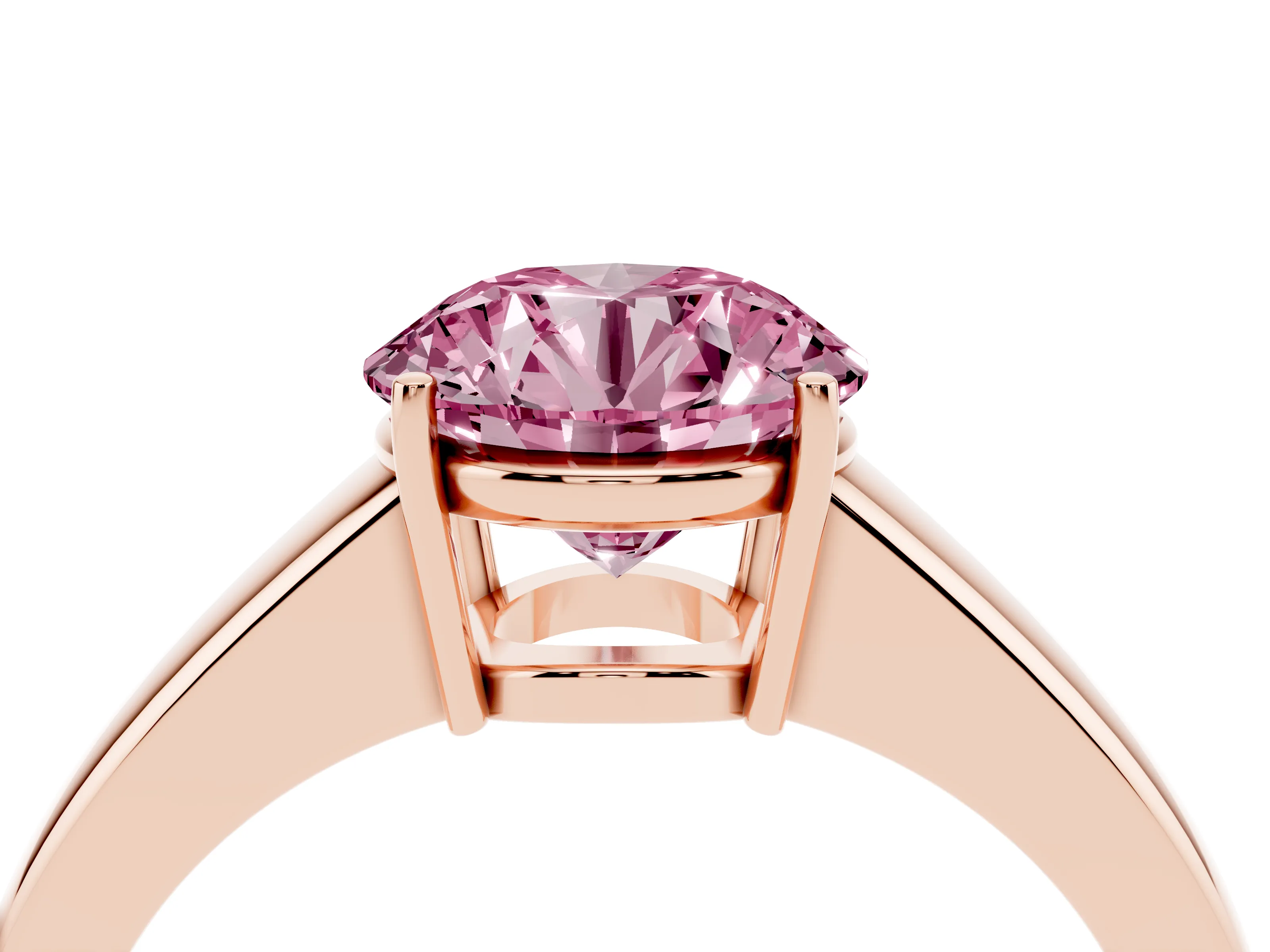Fancy Pink Round Cut Diamond Solitaire Ring Set in Rose gold with Tapered Band and Prong Setting