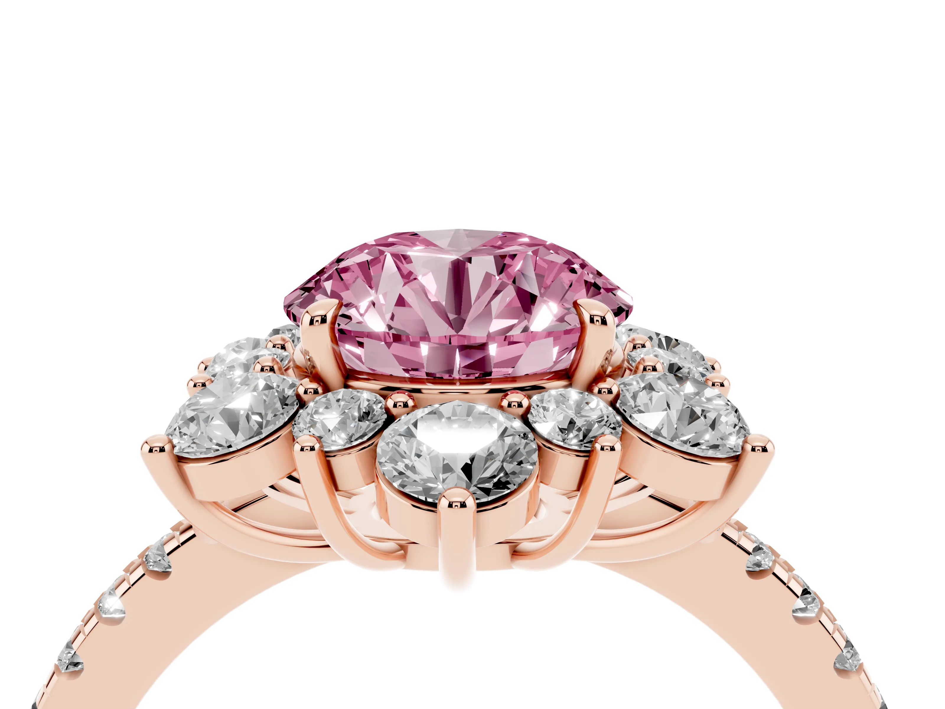 Fancy Pink Round Cut Diamond Floral Halo Ring Set in Rose gold with Round Pavé Band and Prong Setting