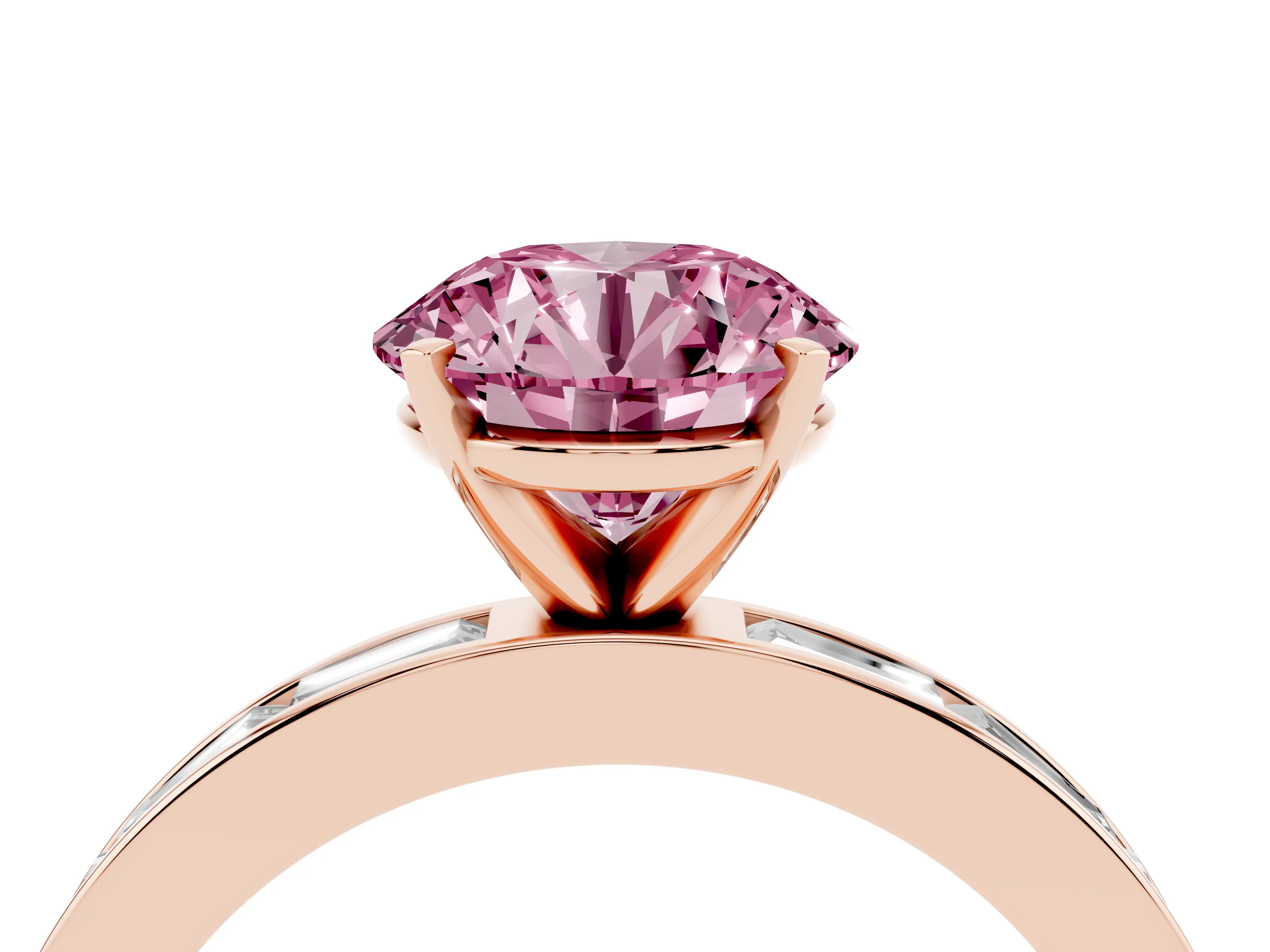 Fancy Pink Round Cut Diamond Solitaire Ring Set in Rose gold with Channel-Set Baguette Band and Prong Setting
