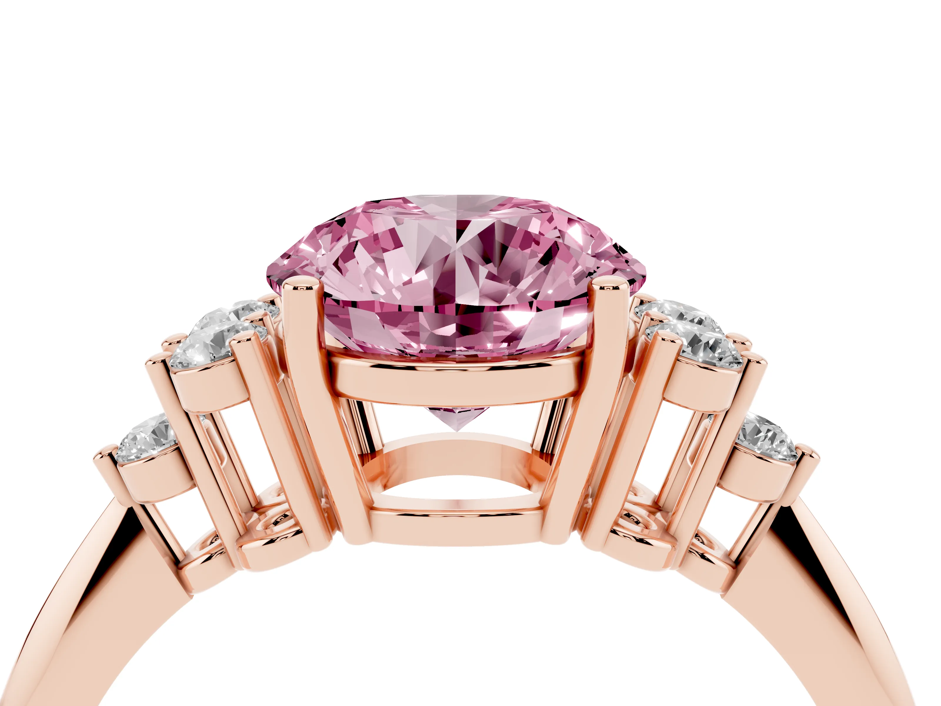 Fancy Pink Round Cut Diamond Cluster Ring Set in Rose gold with Plain Band and Prong Setting