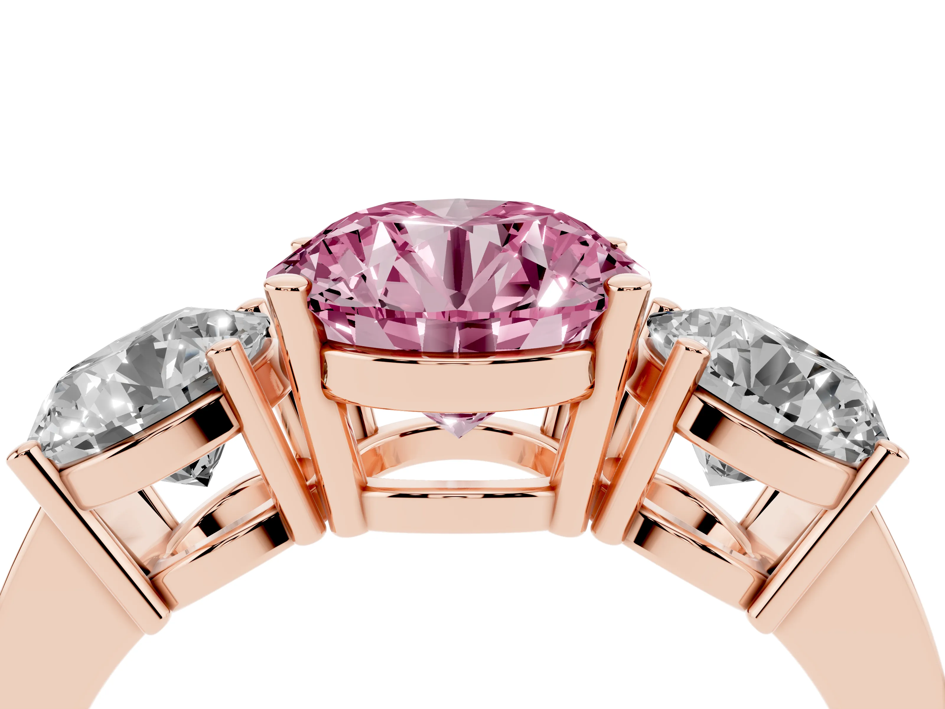 Fancy Pink Round Cut Diamond Three-Stone Engagement Ring Set in Rose gold with Flat Band